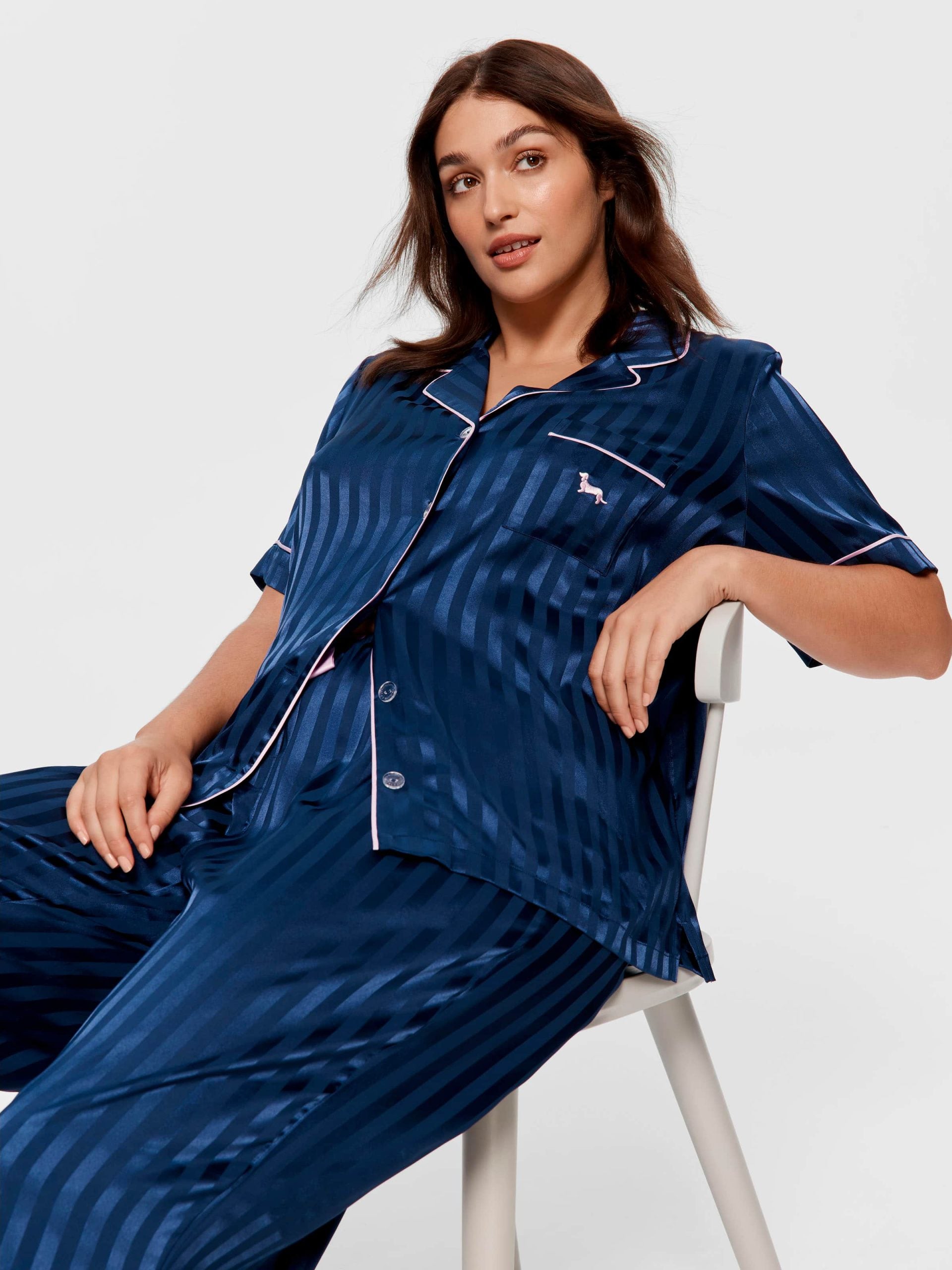 P.A. Plus Navy Stripe Chic Satin Short Sleeve &amp;amp; Pant Pj Set Navy Stripe image 1
