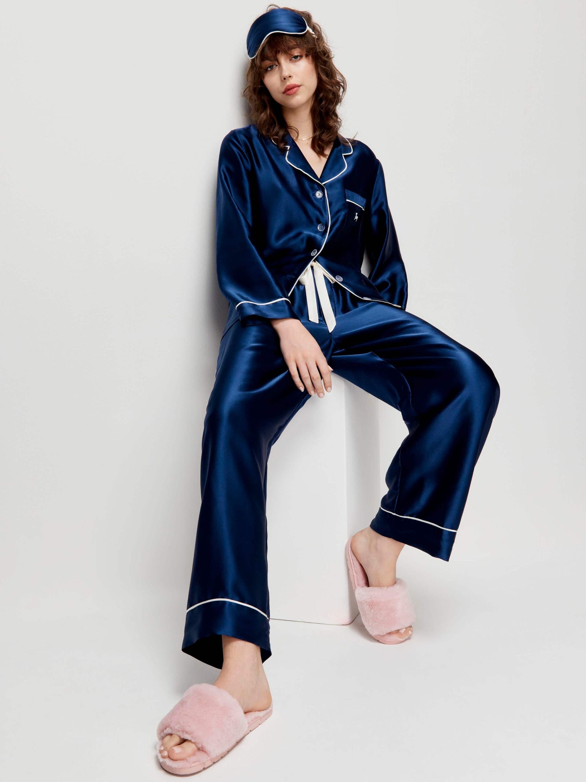 Navy Mulberry Silk Pj Set With Eye Mask navy image 0