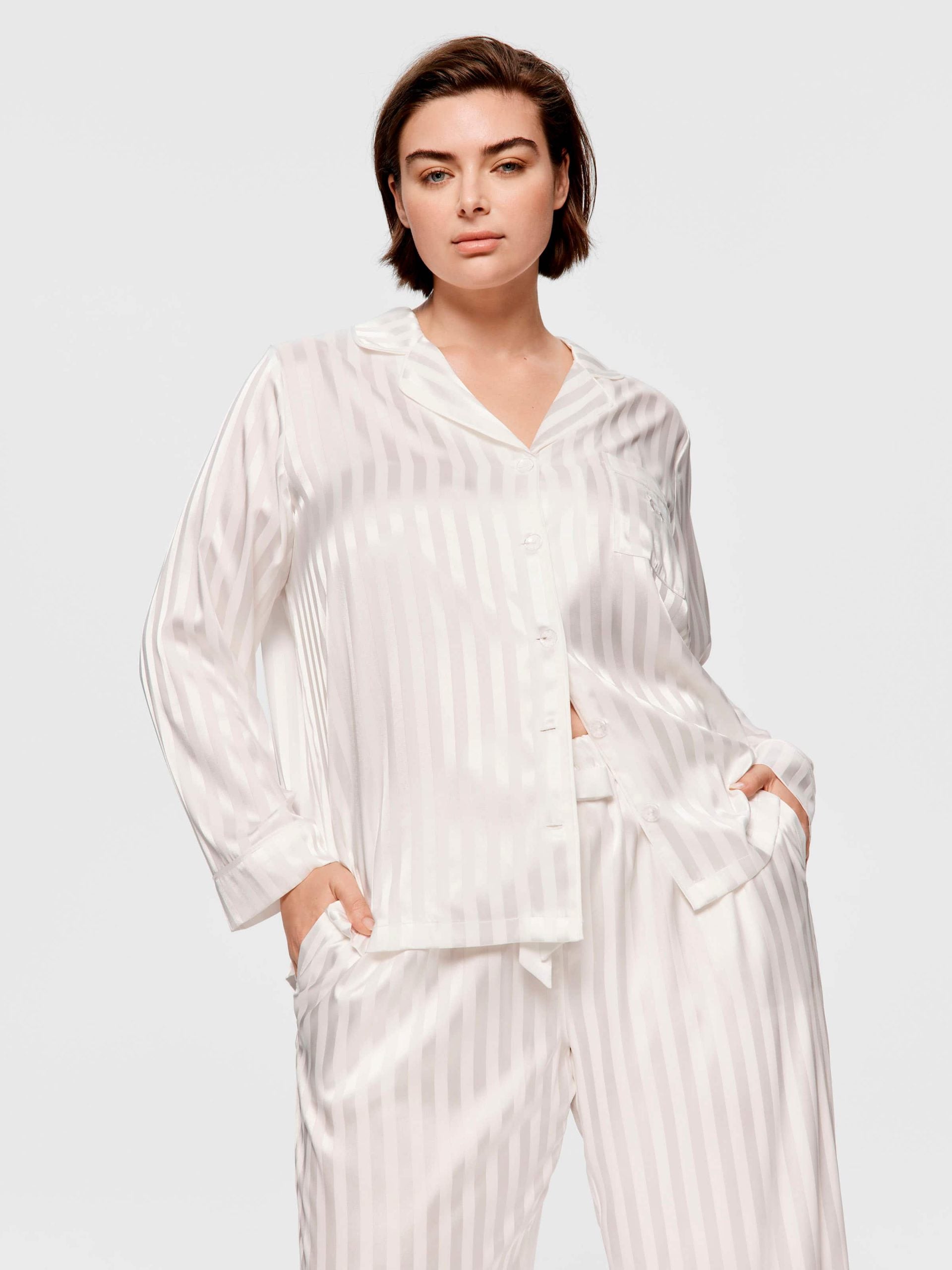 P.A. Plus White Stripe Chic Satin Long Sleeve Pj Set White image 3