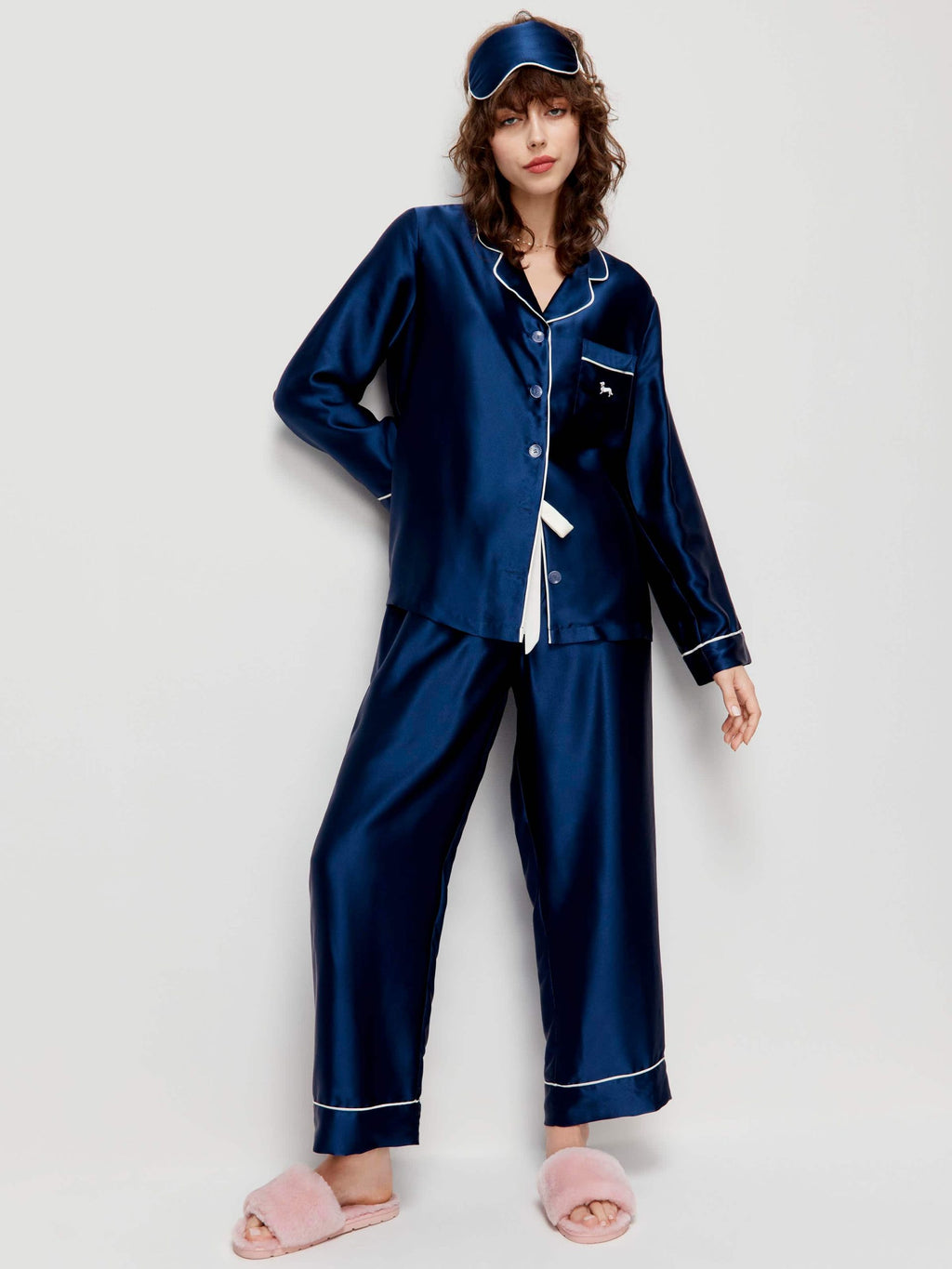 Navy Mulberry Silk Pj Set With Eye Mask navy image 2