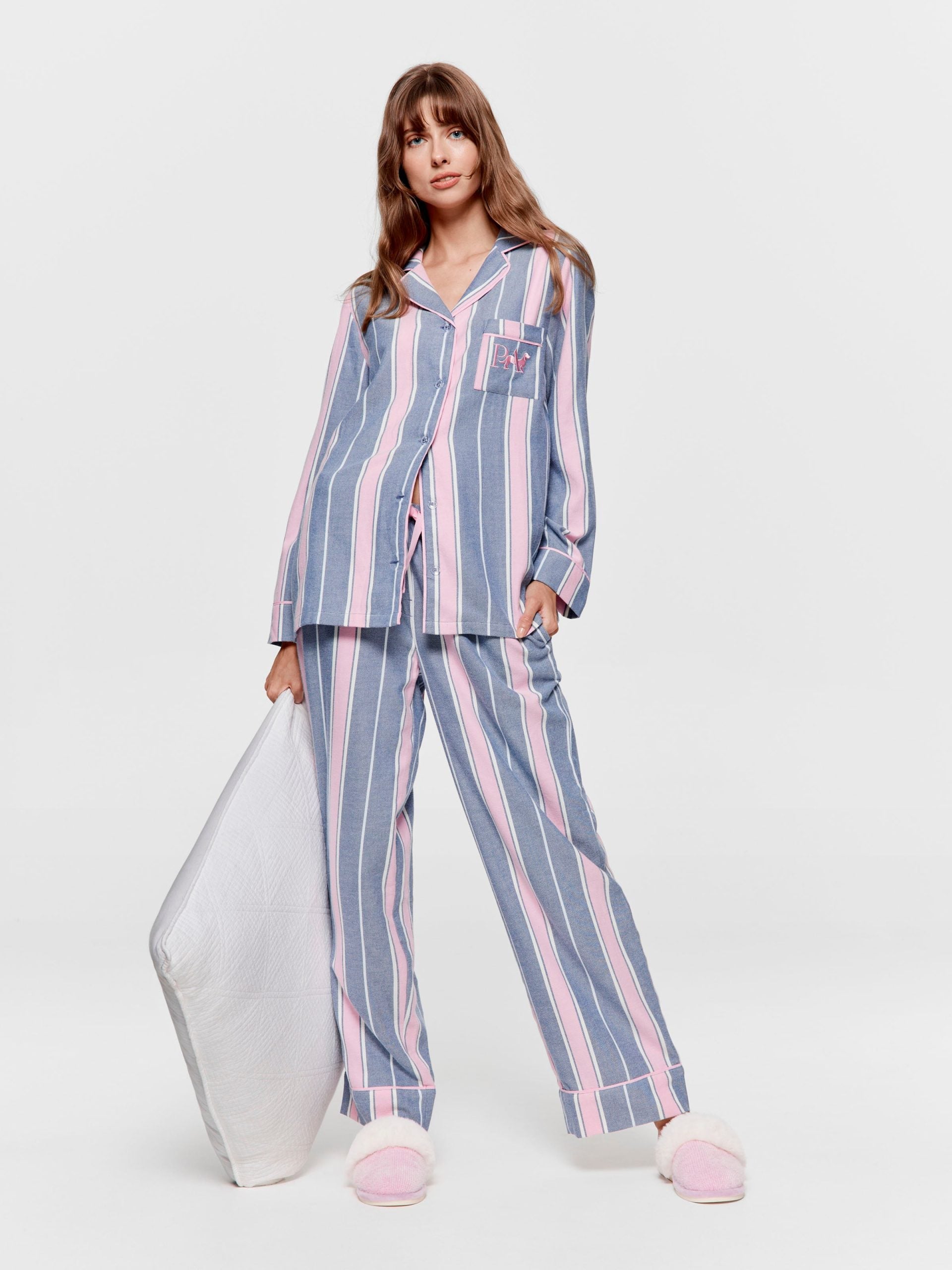 Navy & Pink Stripe Classic Flannelette Pj Set multi image 0