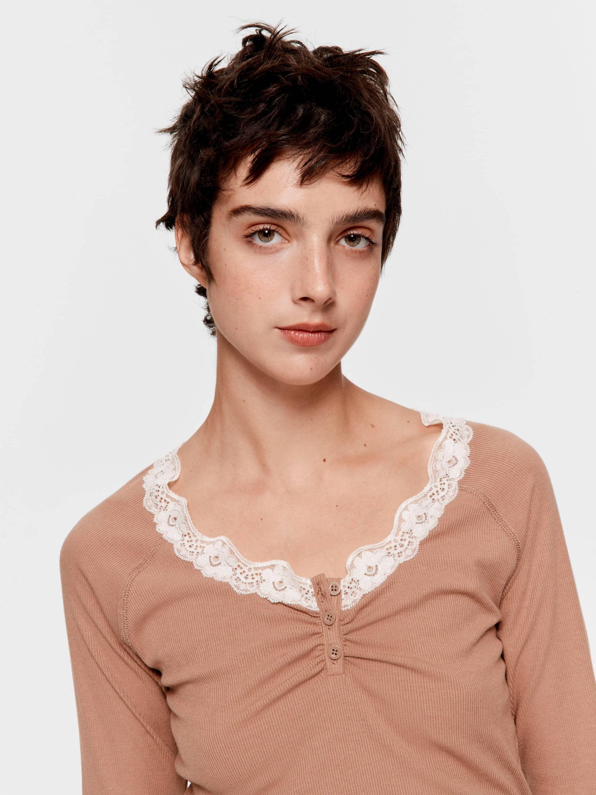 Brown Lace Trim Bamboo Rib Henley Long Sleeve Top Brown image 2