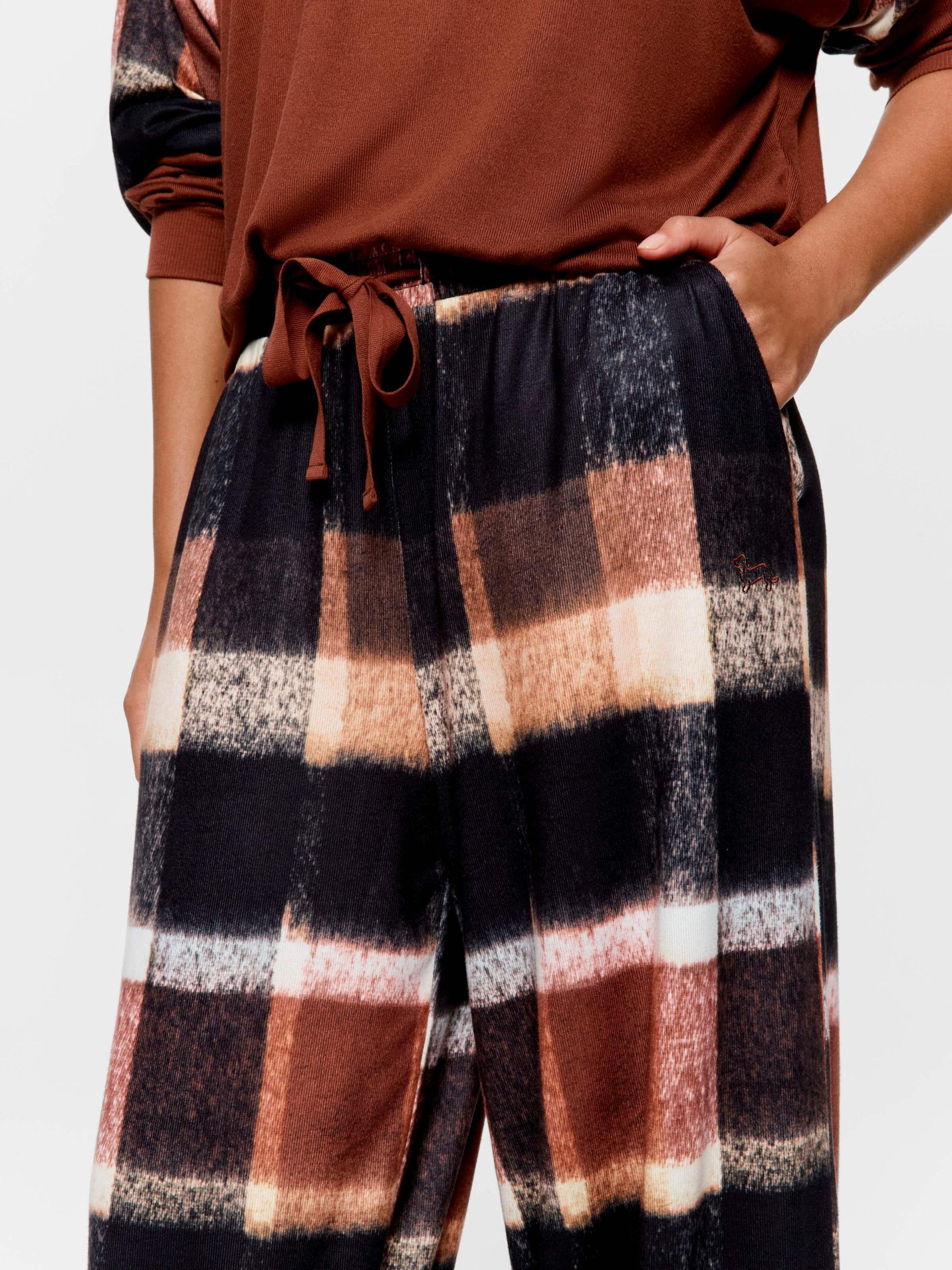 Brown Check Wide Leg Plush Pj Pant multi image 2