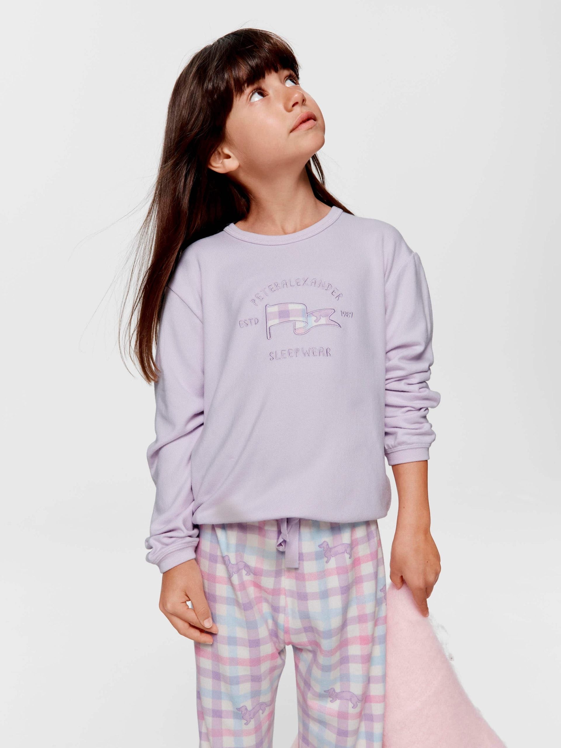 Jnr Girls Pastel Check Long Pj Set lilac image 1