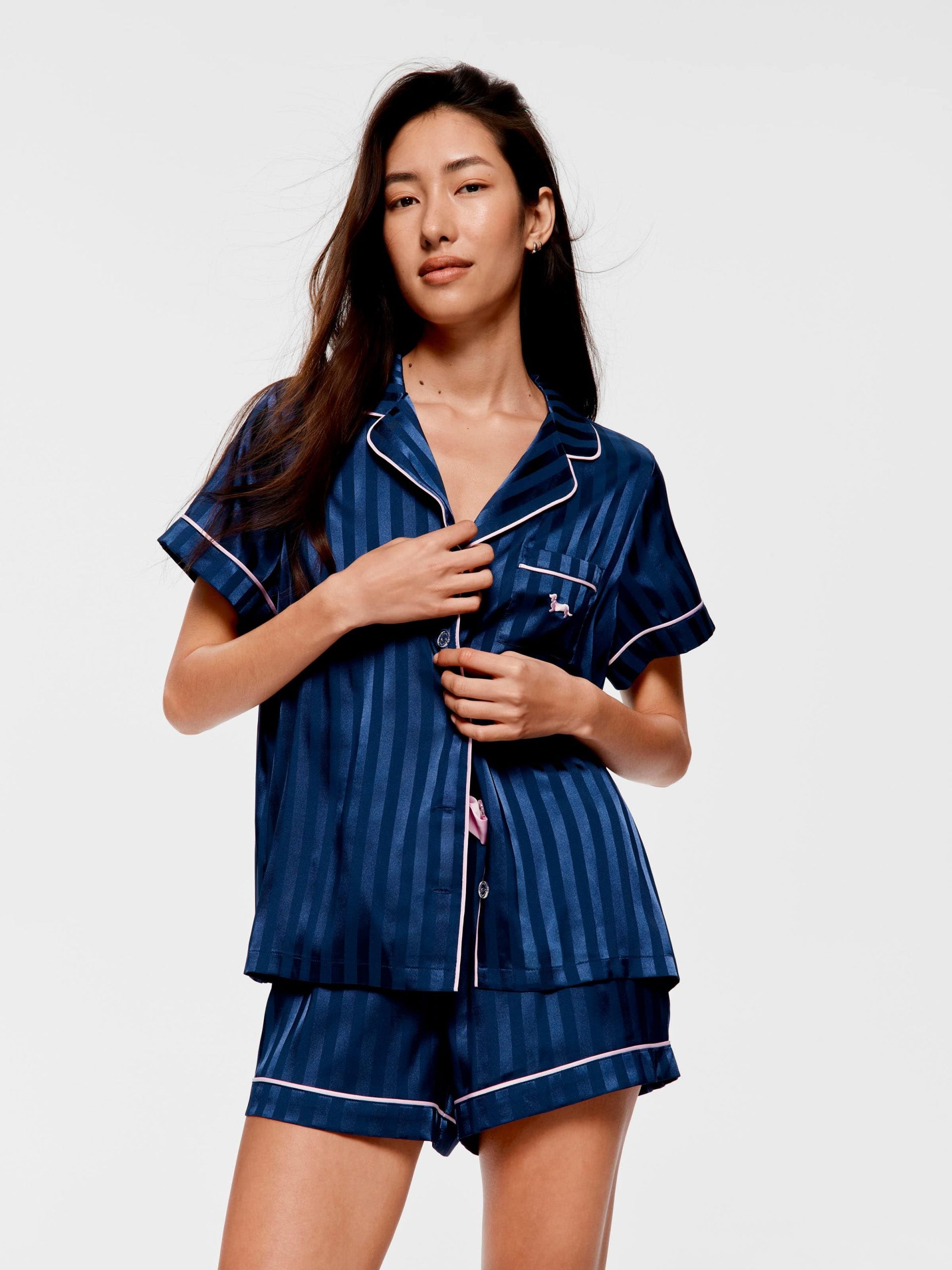 Navy Stripe Chic Satin Shortie Pj Set Navy Stripe image 3