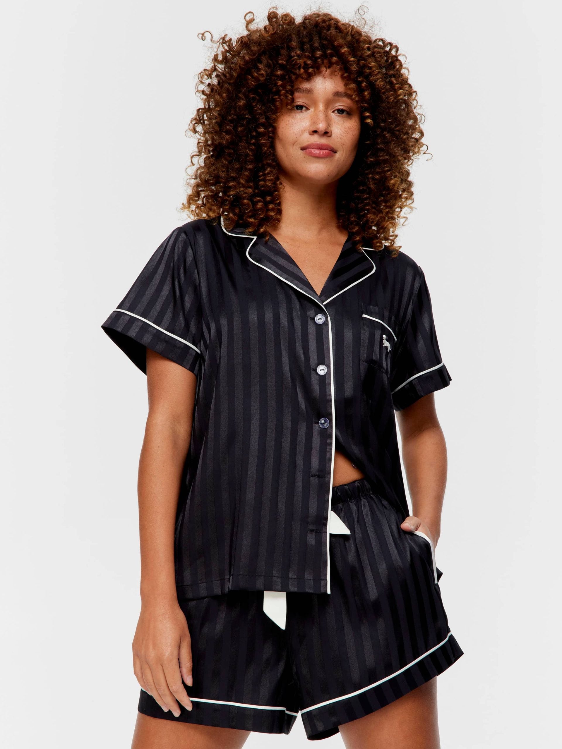 Black Stripe Chic Satin Shortie Pj Set Black Stripe image 1