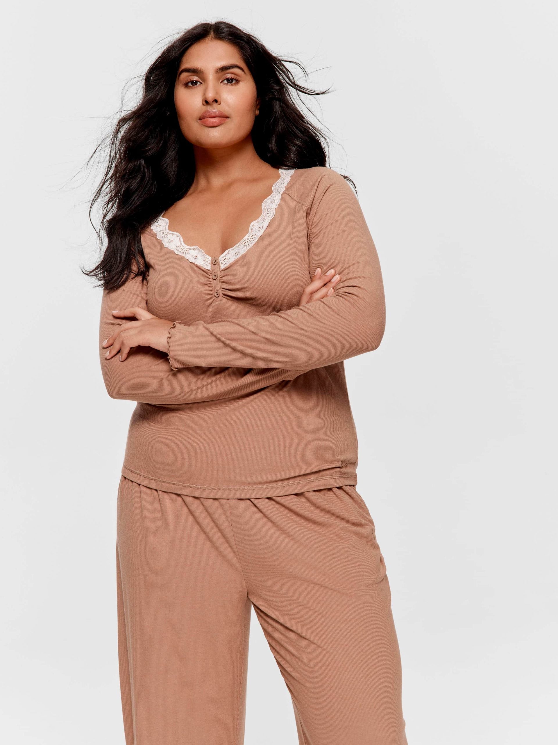 P.A. Plus Brown Lace Trim Bamboo Rib Henley Long Sleeve Top Brown image 1