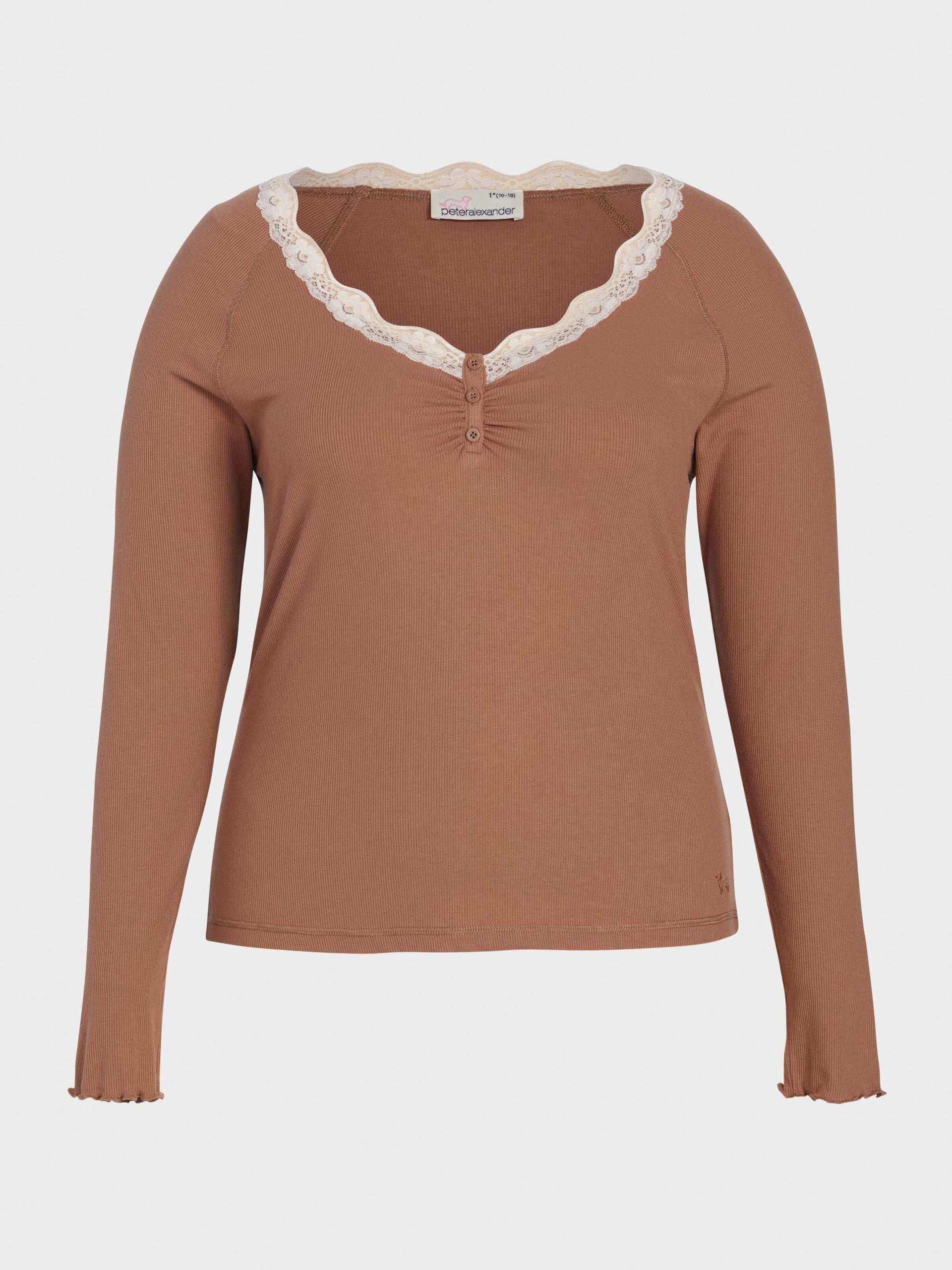 P.A. Plus Brown Lace Trim Bamboo Rib Henley Long Sleeve Top Brown image 3