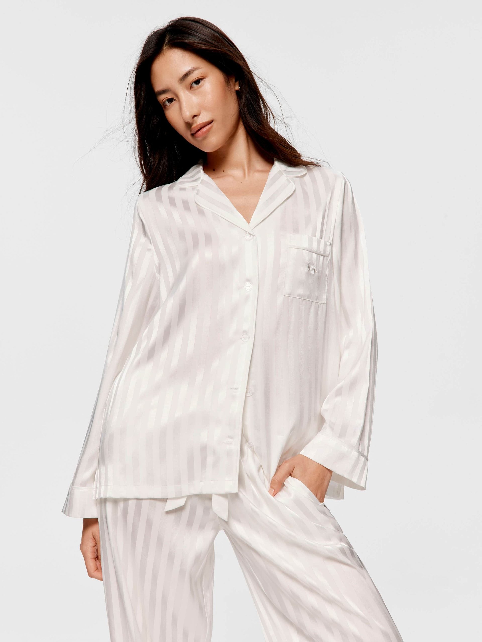 White Stripe Chic Satin Long Sleeve Pj Set white image 3