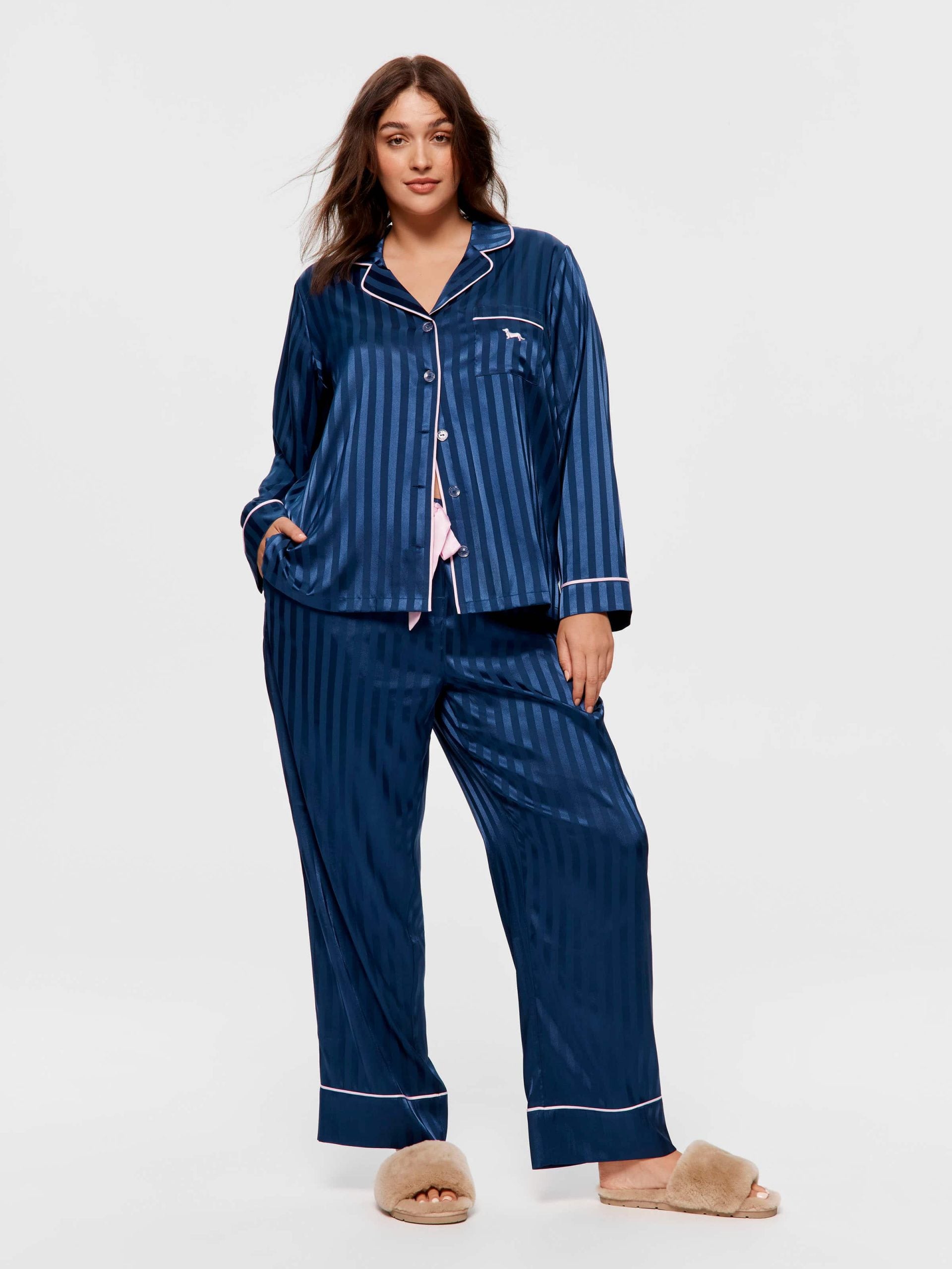 P.A. Plus Navy Stripe Chic Satin Long Sleeve Pj Set Navy Stripe image 1