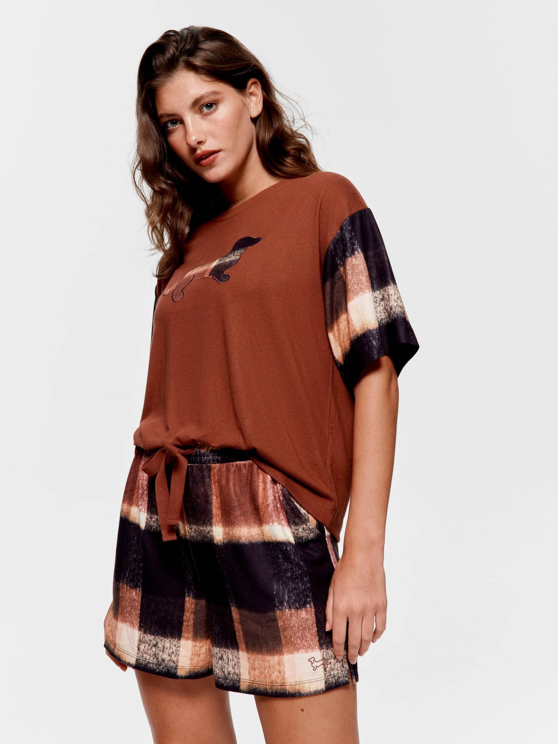 Brown Check Plush Long Short multi image 2