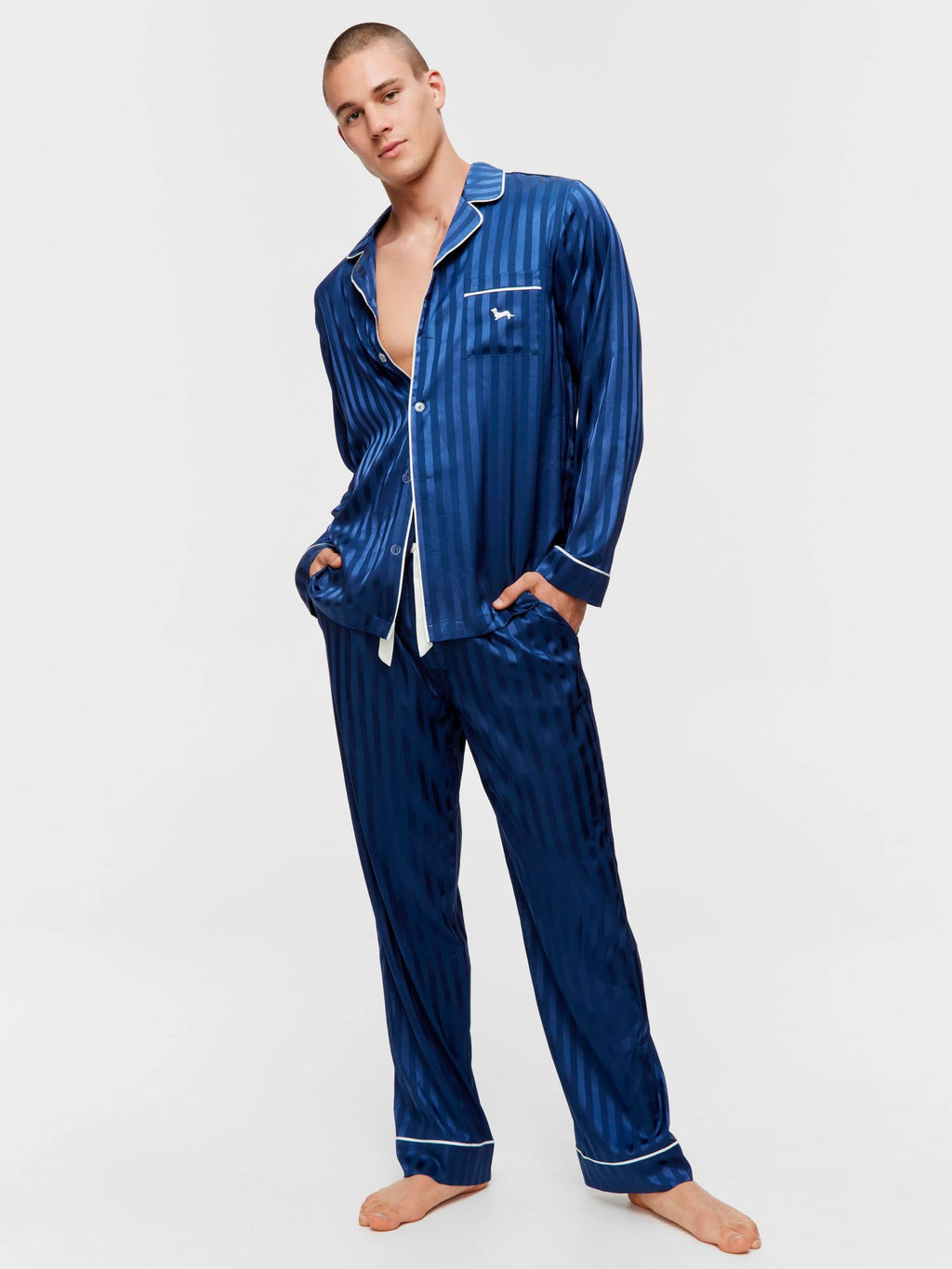 Navy Self Stripe Long Sleeve Satin Set navystripe image 1