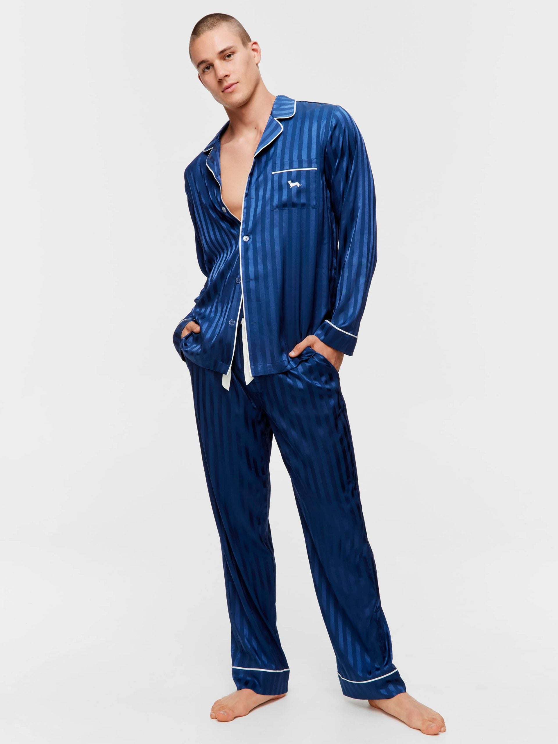 Navy Self Stripe Long Sleeve Satin Set navystripe image 1