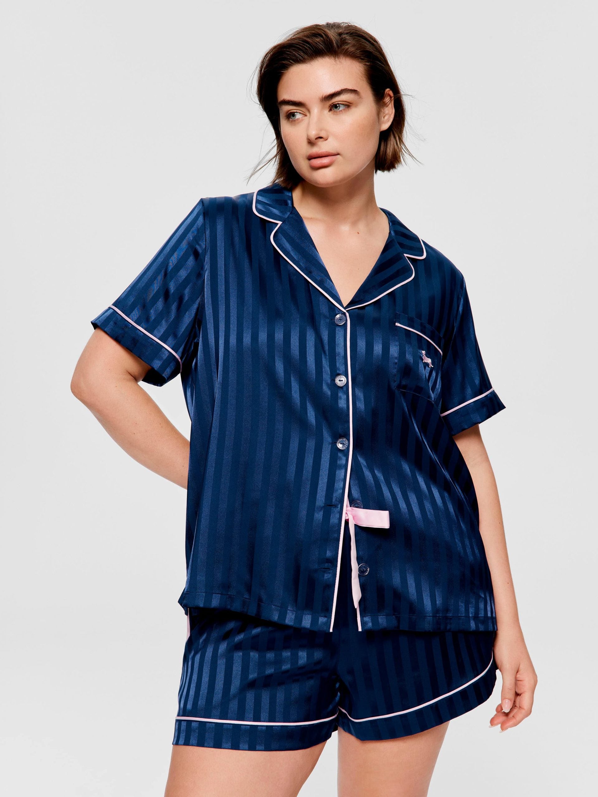 P.A. Plus Navy Stripe Chic Satin Shortie Pj Set Navy Stripe image 0