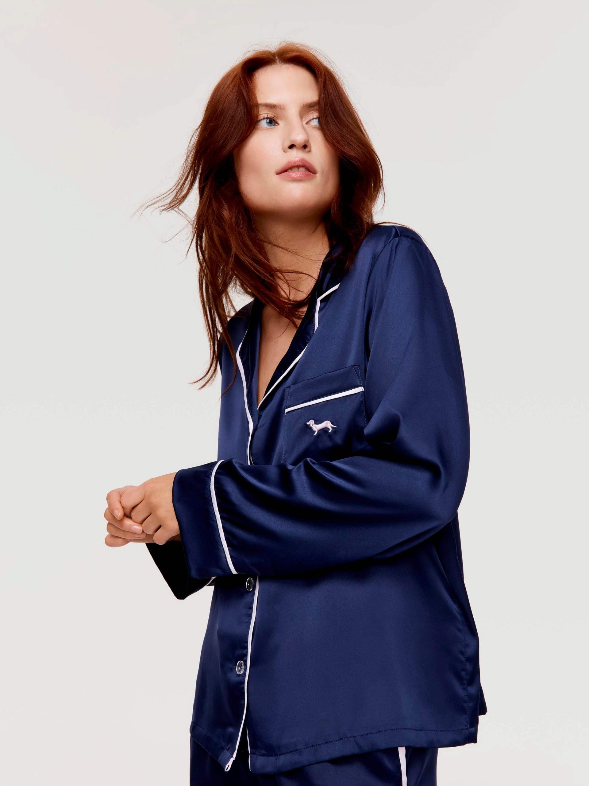 Tux Luxe Navy Satin Long Sleeve Shirt navy image 0