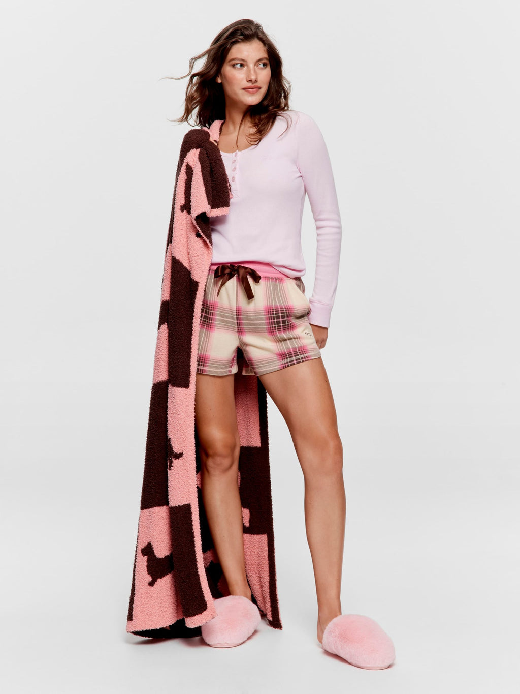 Brown & Pink Check Waffle Mid Short multi image 0