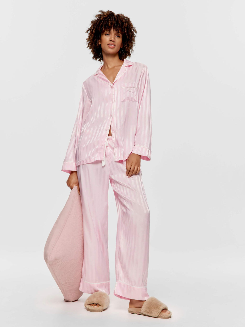 Long Pink Stripe Chic Satin Pj Set Pink image 2