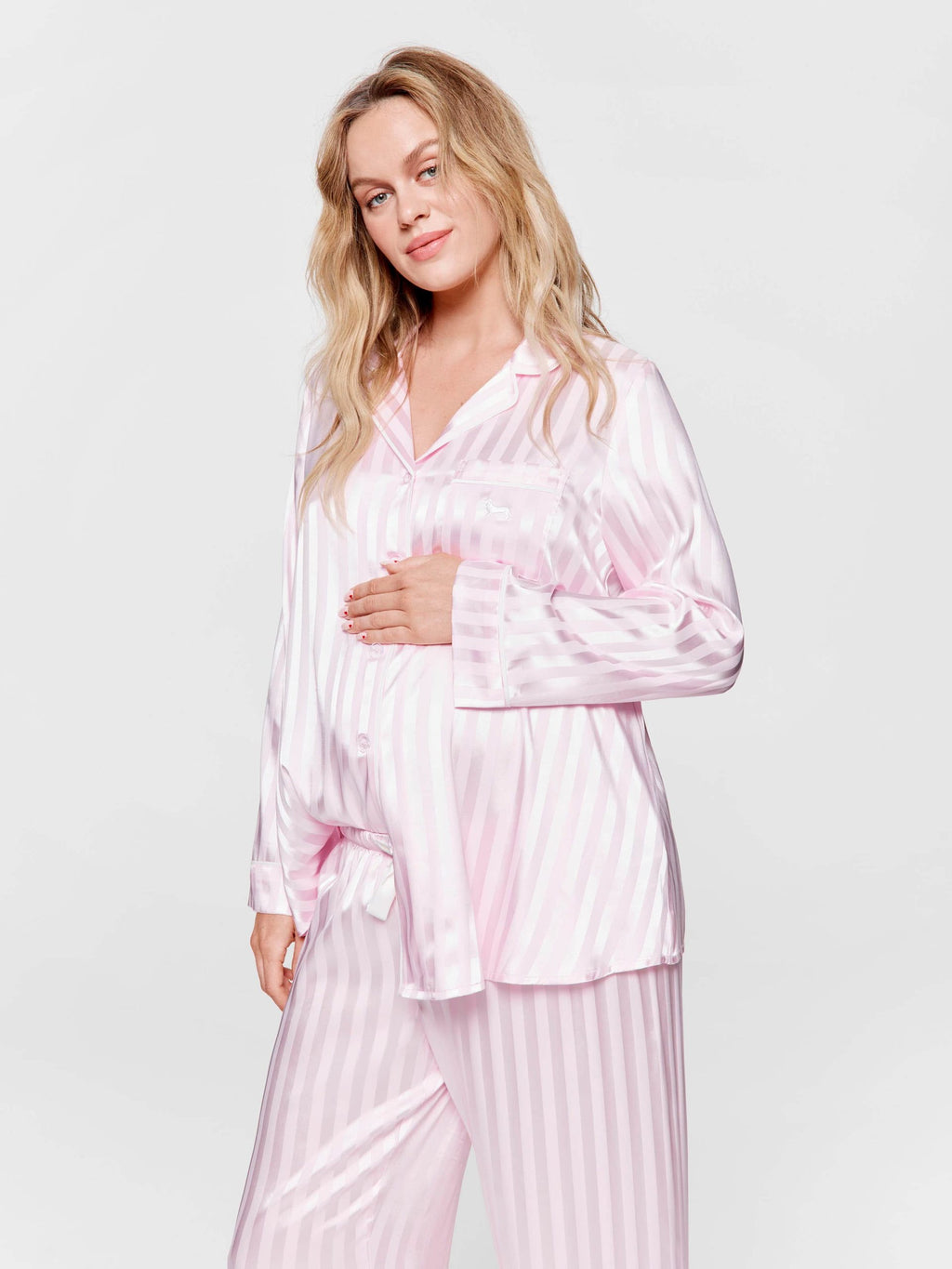 Maternity Long Pink Stripe Chic Satin Pj Set pink image 1