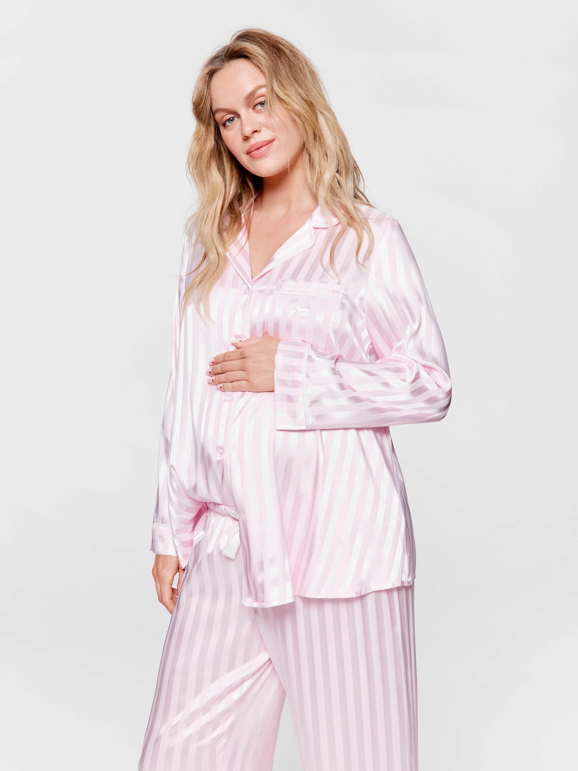 Maternity Long Pink Stripe Chic Satin Pj Set pink image 1