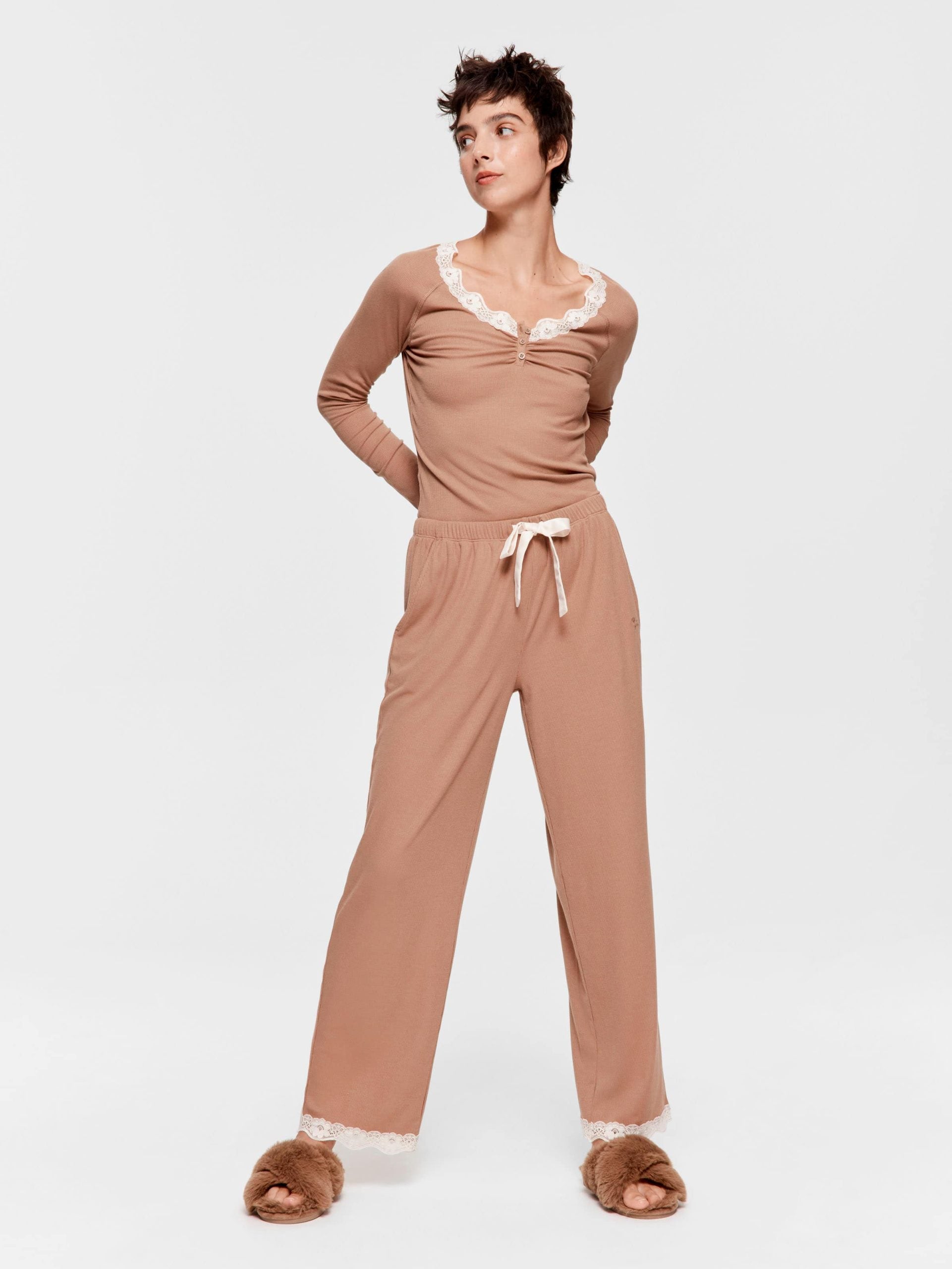 Brown Bamboo Rib Straight Leg Pj Pant Brown image 1