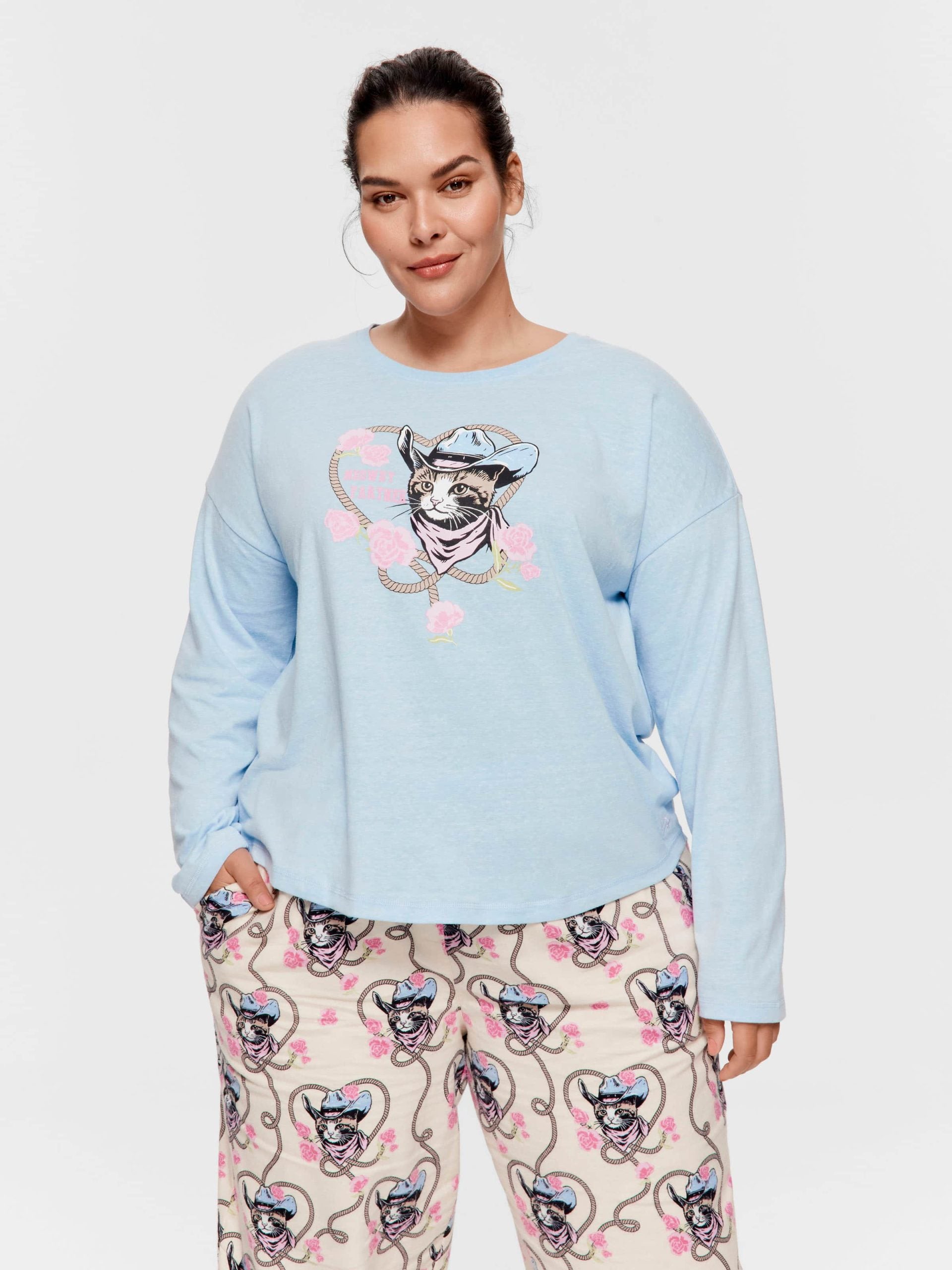 P.A. Plus Cowboy Kitty Long Sleeve Top Pale Blue image 0