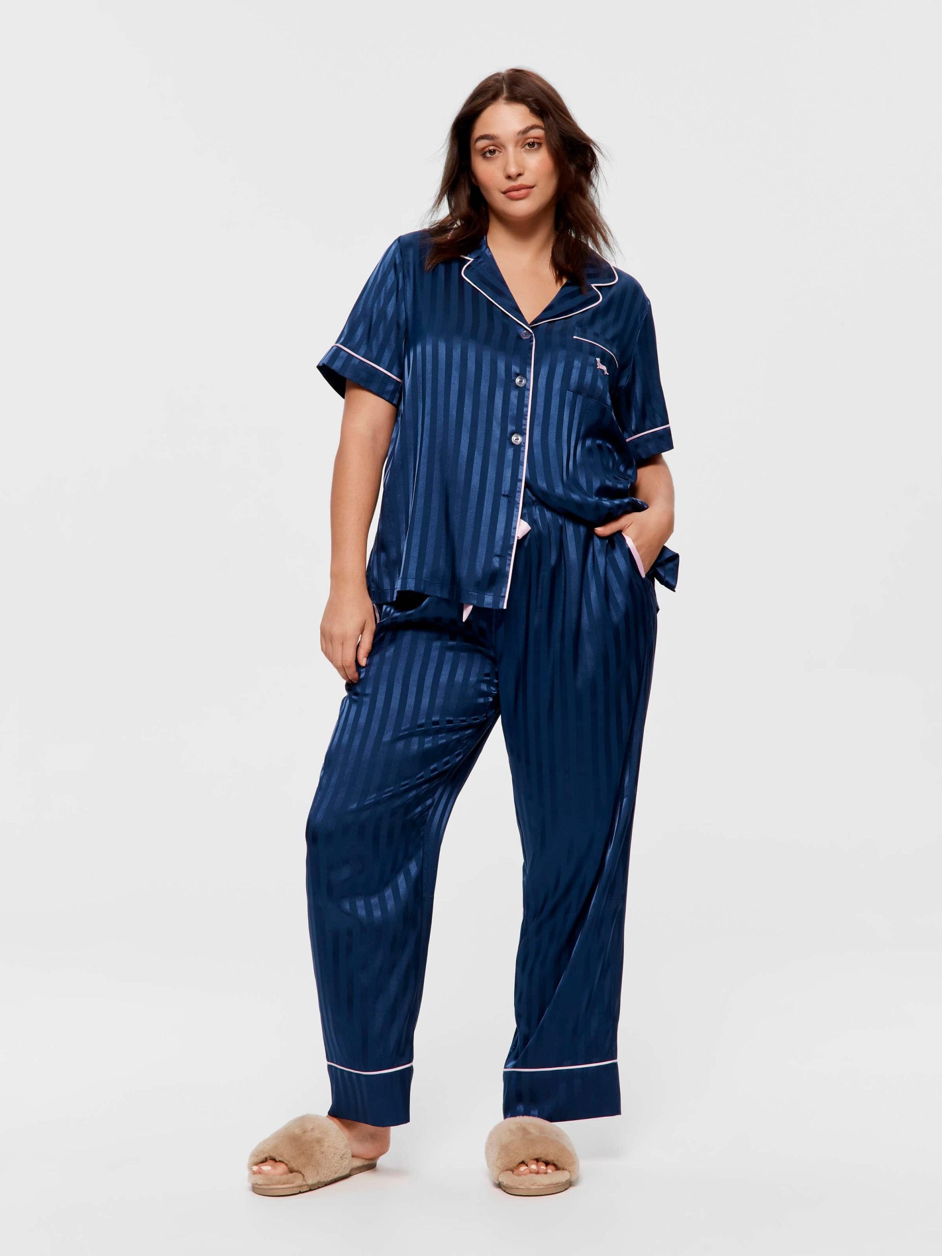 P.A. Plus Navy Stripe Chic Satin Short Sleeve &amp;amp; Pant Pj Set Navy Stripe image 0