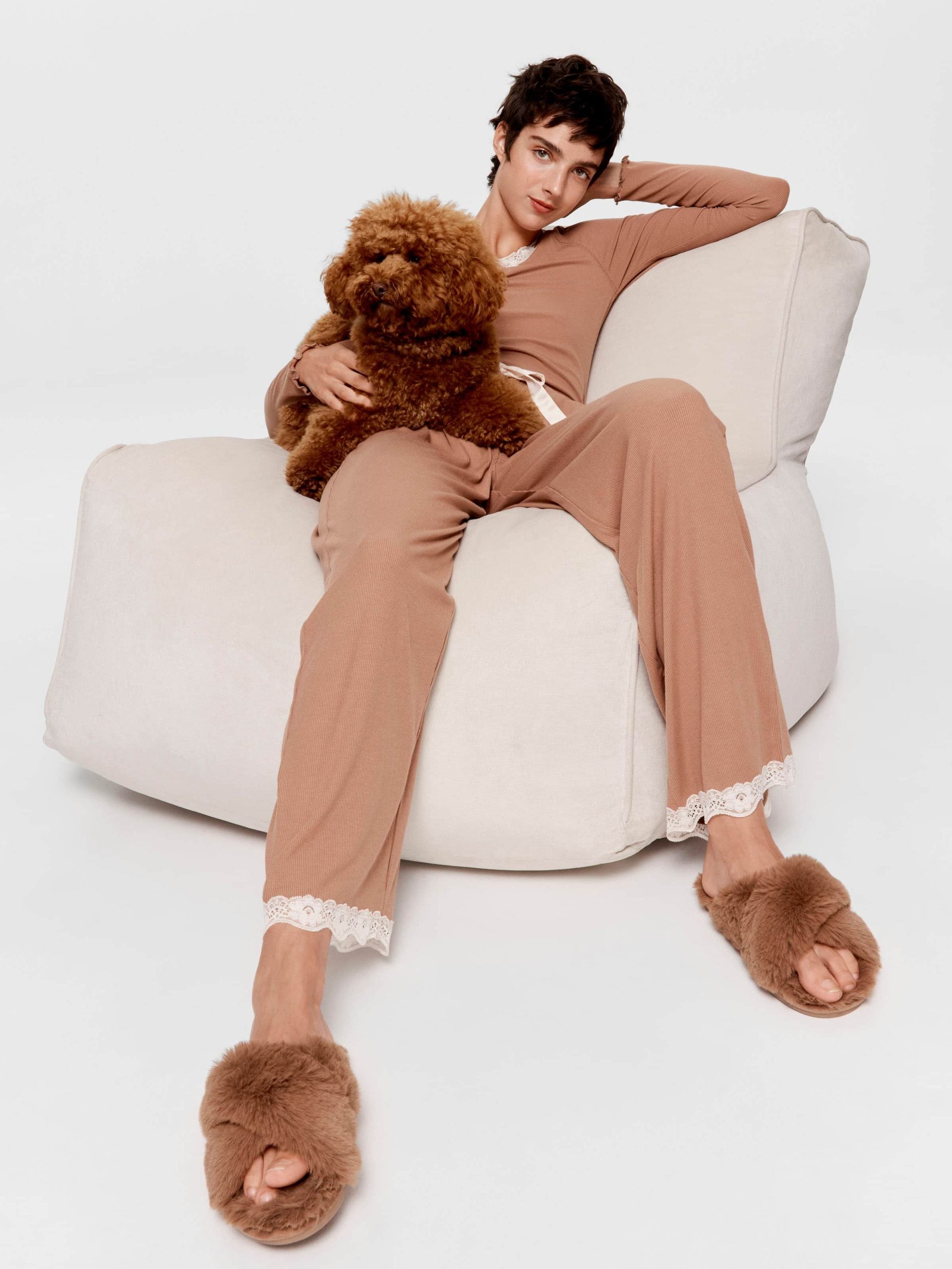 Brown Bamboo Rib Straight Leg Pj Pant Brown image 0