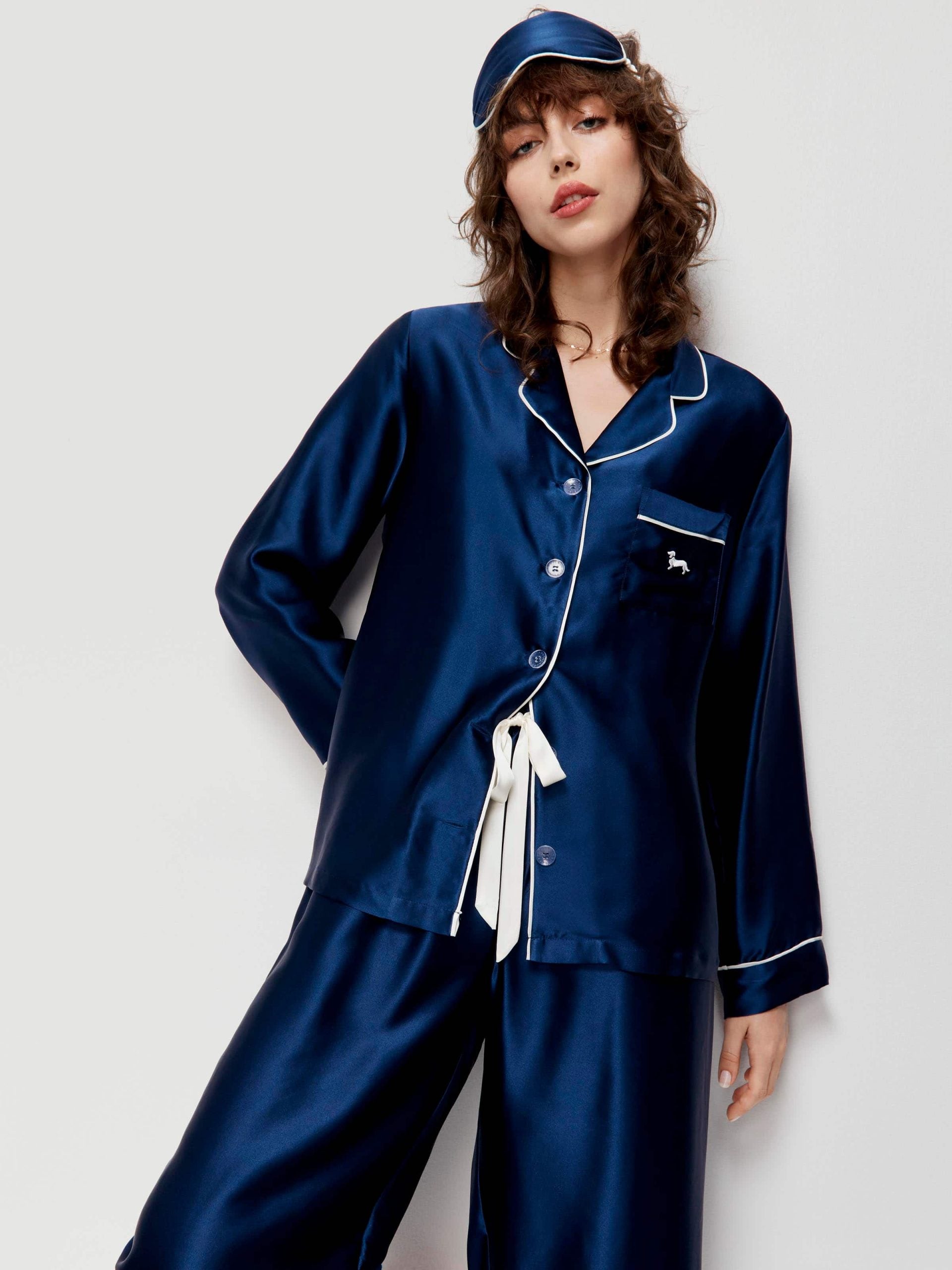 Navy Mulberry Silk Pj Set With Eye Mask navy image 1