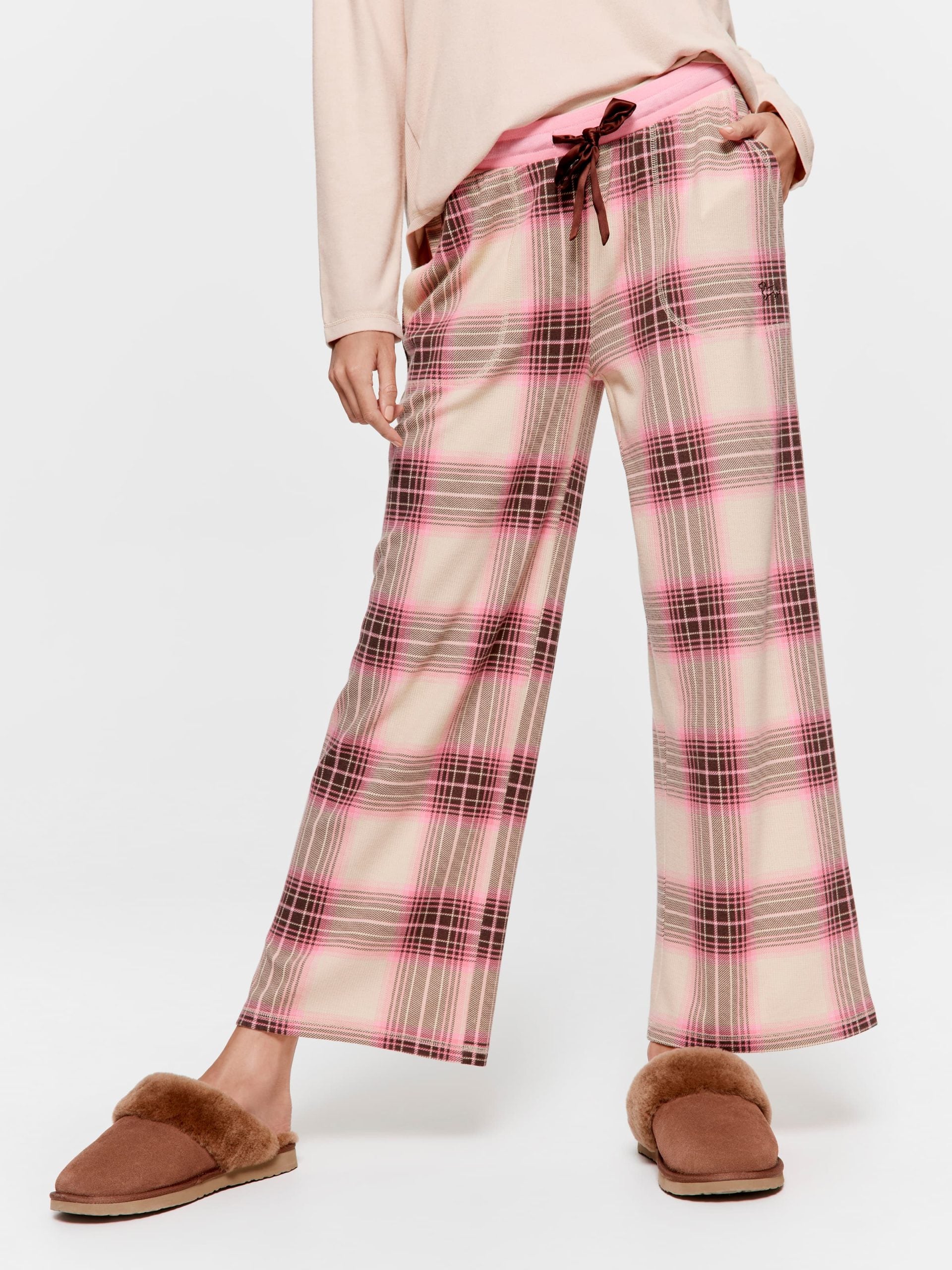 Pink & Brown Waffle Check Wide Leg Pj Pant multi image 2