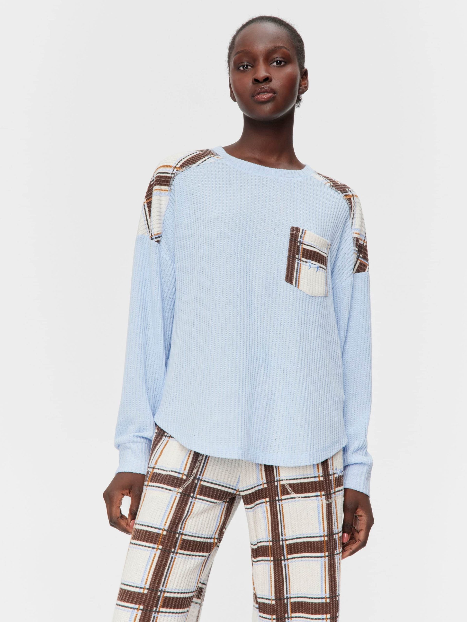 Brushed Waffle Check Oversized Long Sleeve Top Blue image 0
