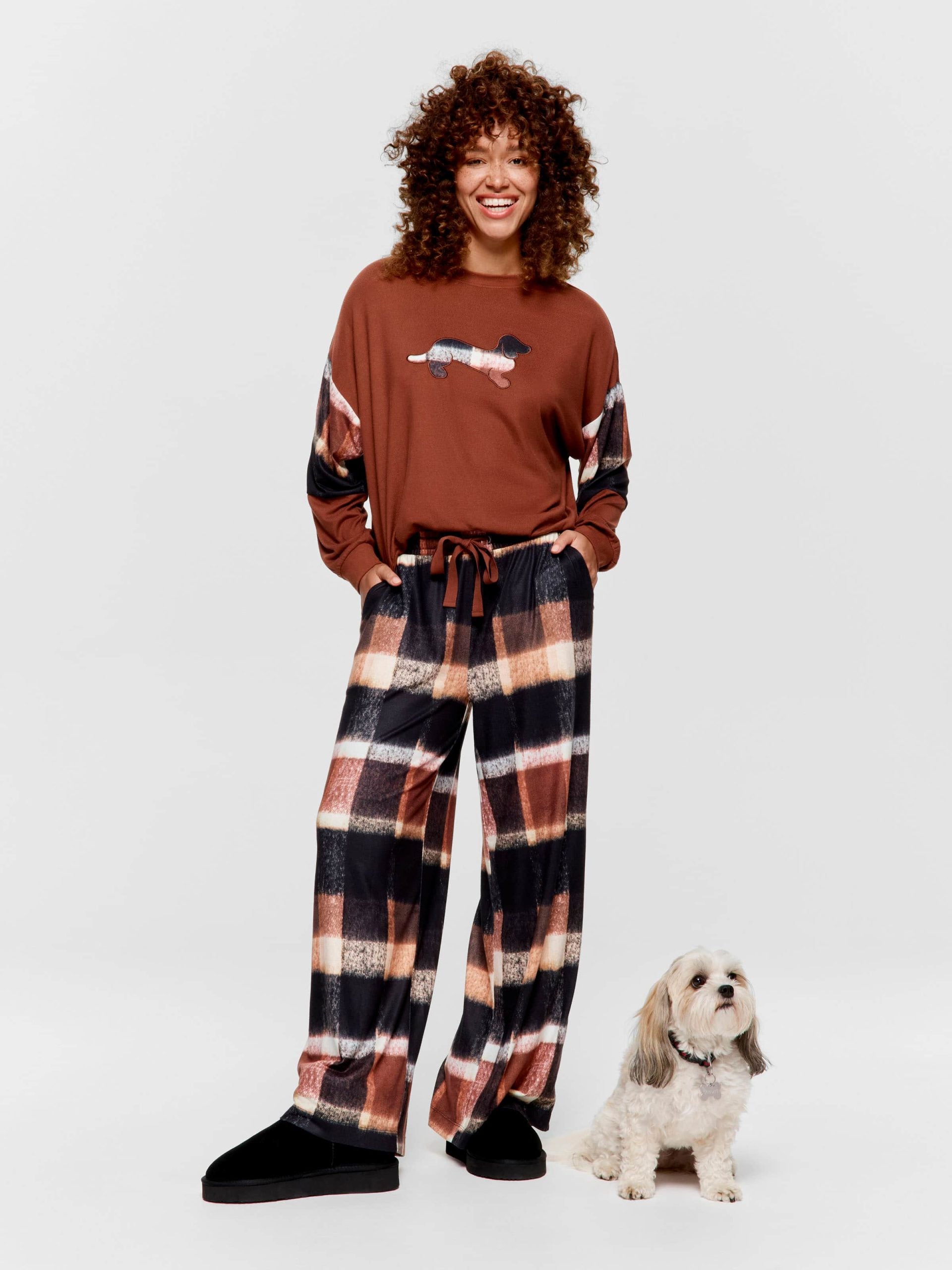 Brown Check Wide Leg Plush Pj Pant multi image 0