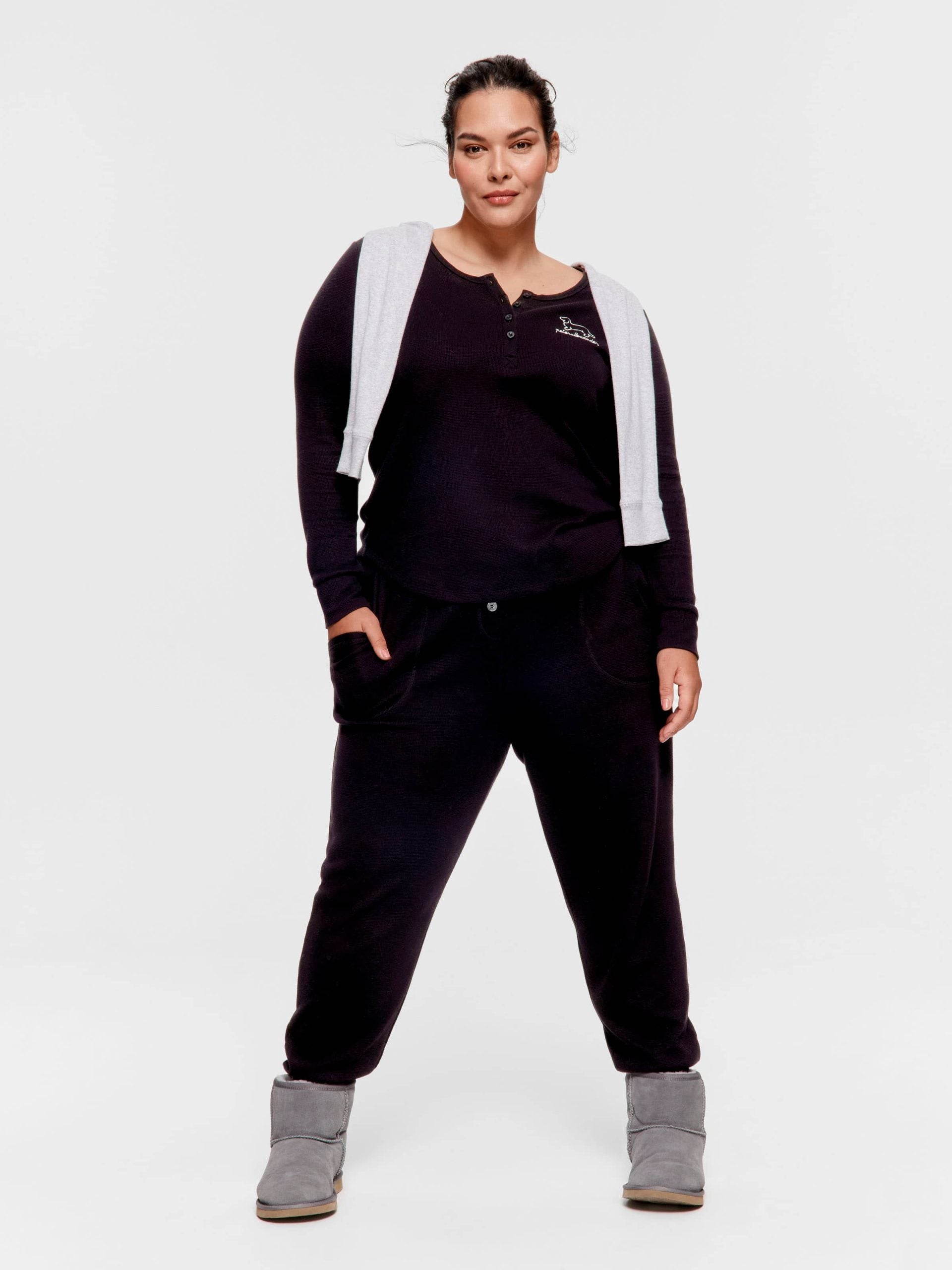 P.A. Plus Black Waffle Henley Long Sleeve Top Black image 1