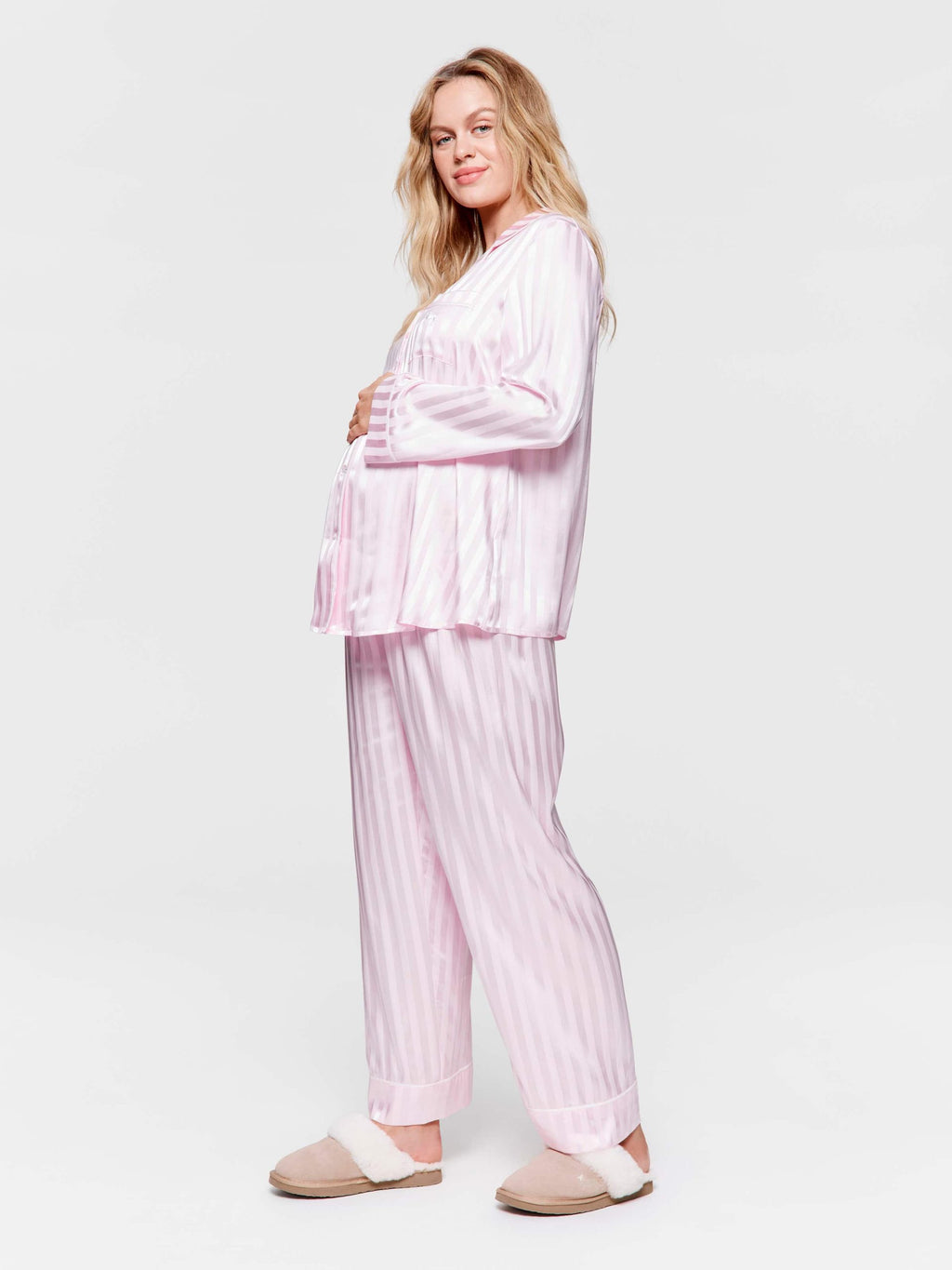 Maternity Long Pink Stripe Chic Satin Pj Set pink image 3