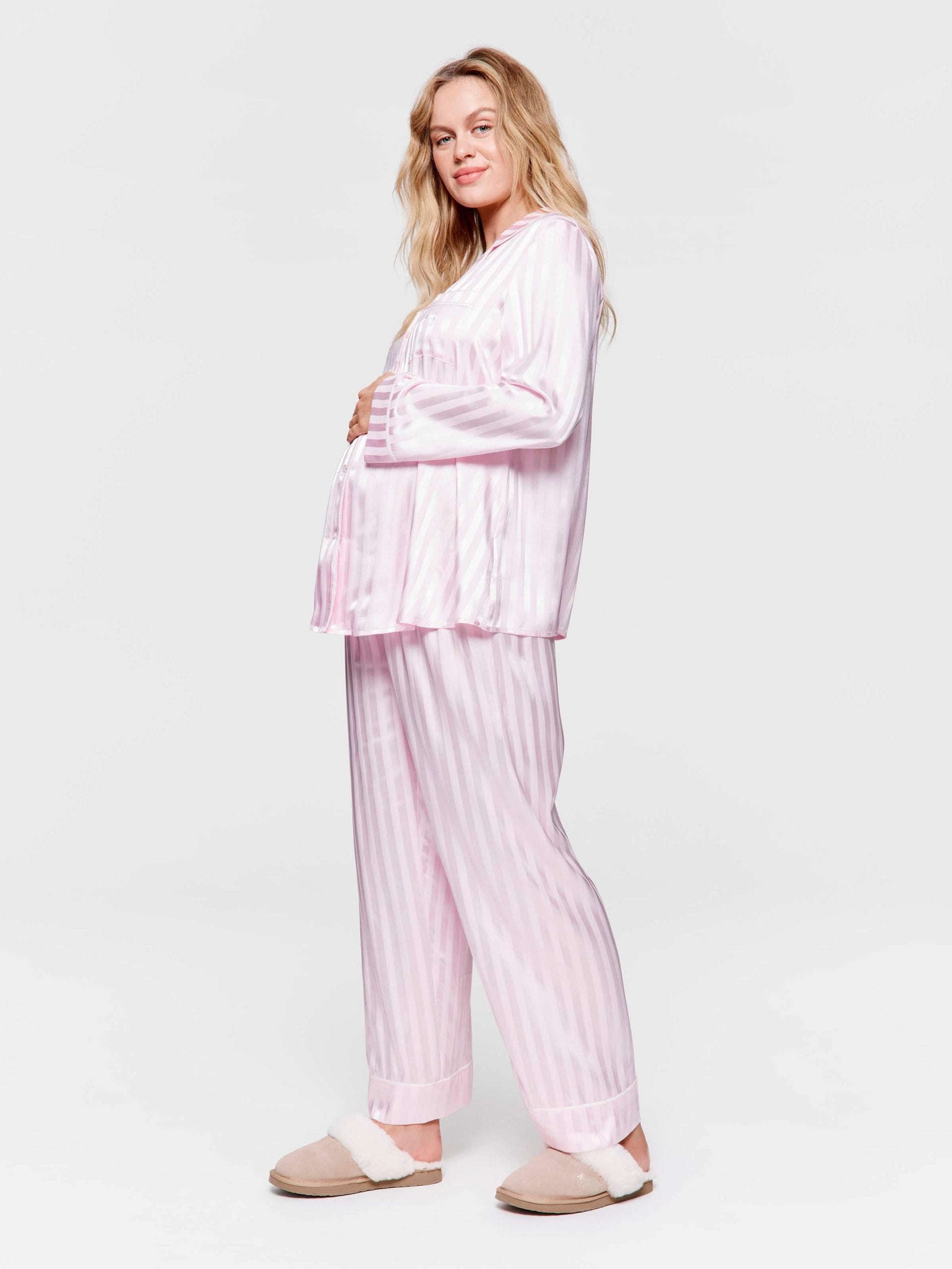 Maternity Long Pink Stripe Chic Satin Pj Set pink image 3