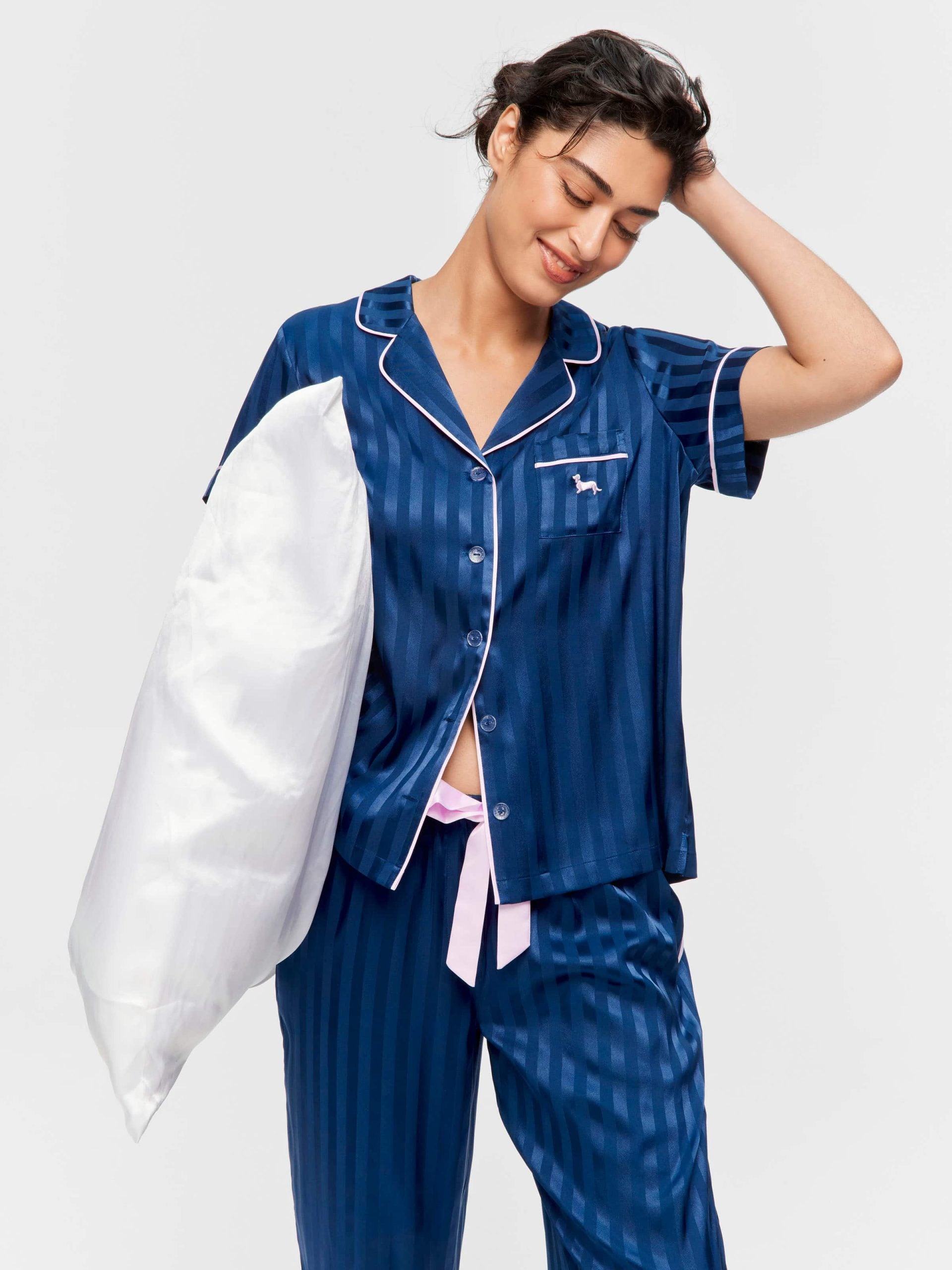 Navy Stripe Chic Satin Short Sleeve & Pant Pj Set navystripe image 0
