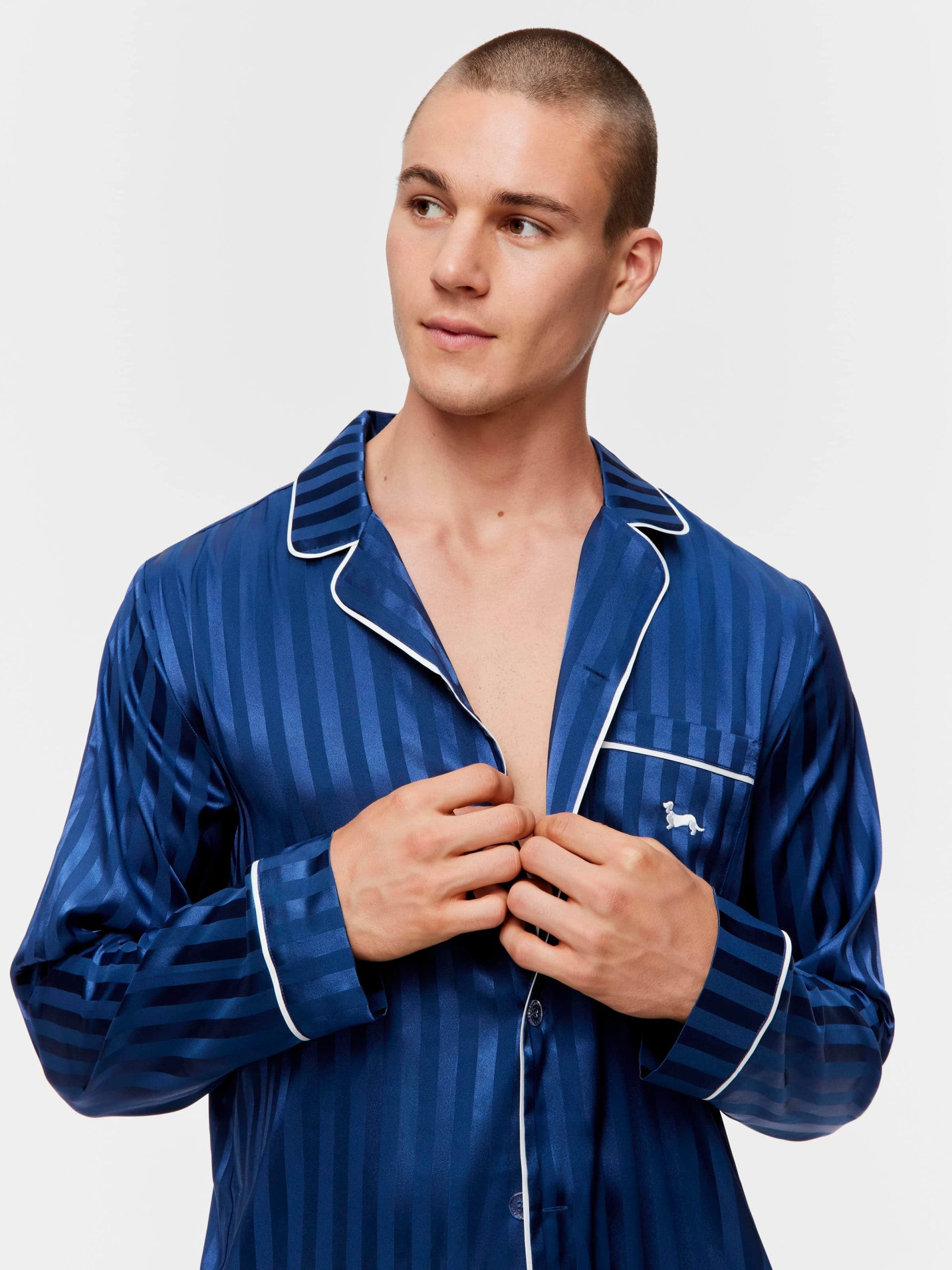 Navy Self Stripe Long Sleeve Satin Set navystripe image 2