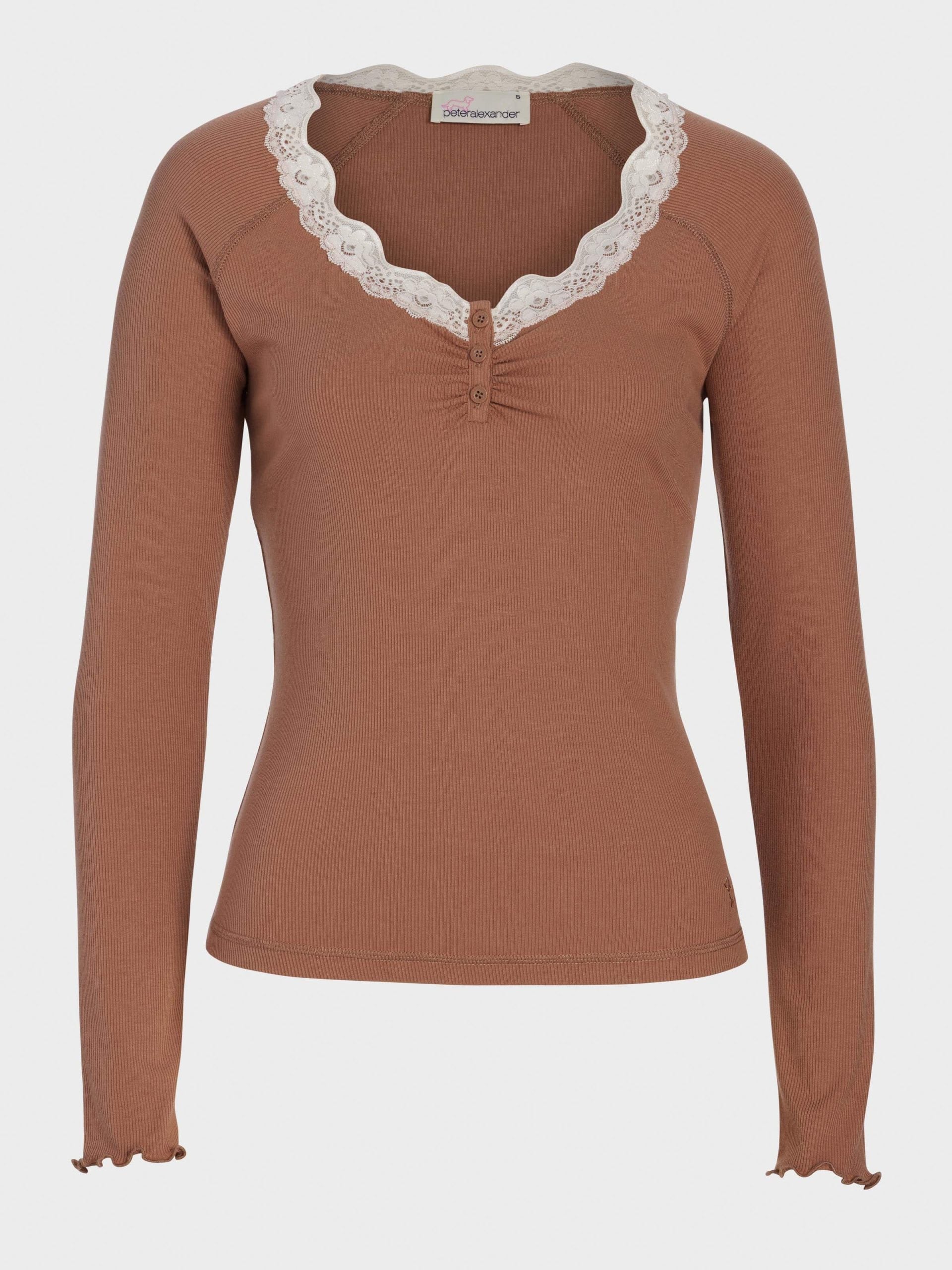 Brown Lace Trim Bamboo Rib Henley Long Sleeve Top Brown image 4
