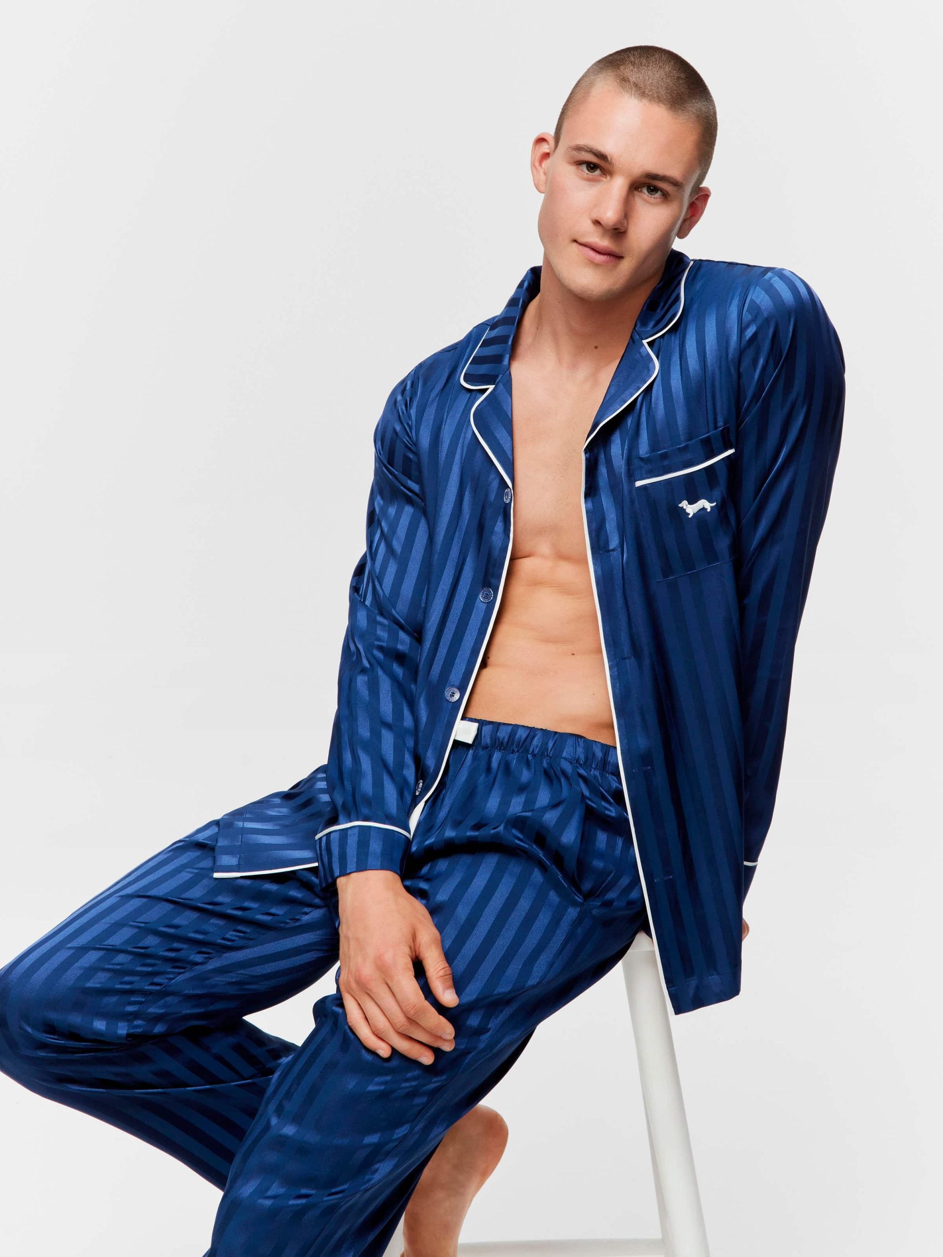 Navy Self Stripe Long Sleeve Satin Set navystripe image 3