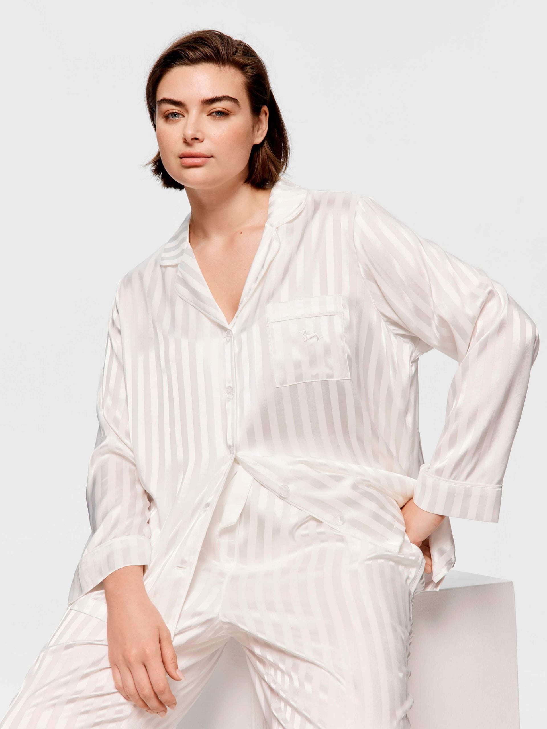 P.A. Plus White Stripe Chic Satin Long Sleeve Pj Set White image 2