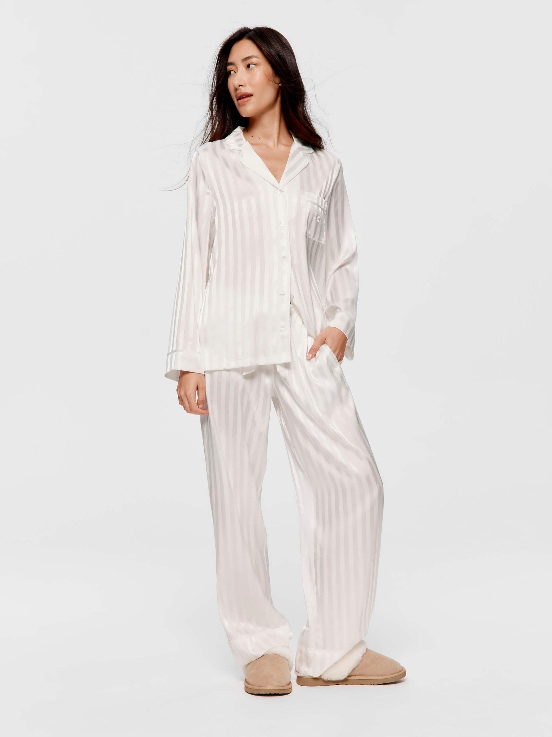 White Stripe Chic Satin Long Sleeve Pj Set white image 2