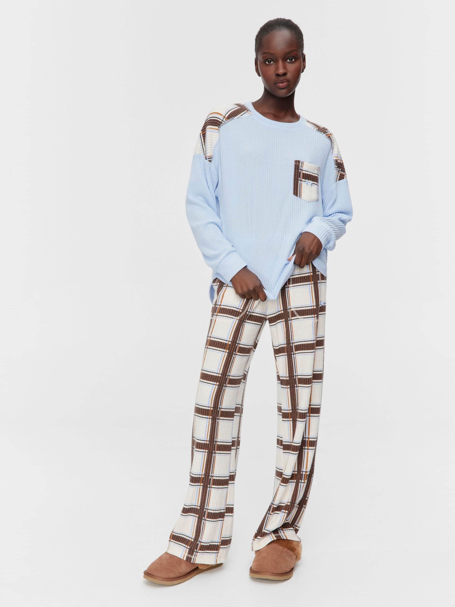Brushed Waffle Check Oversized Long Sleeve Top Blue image 2