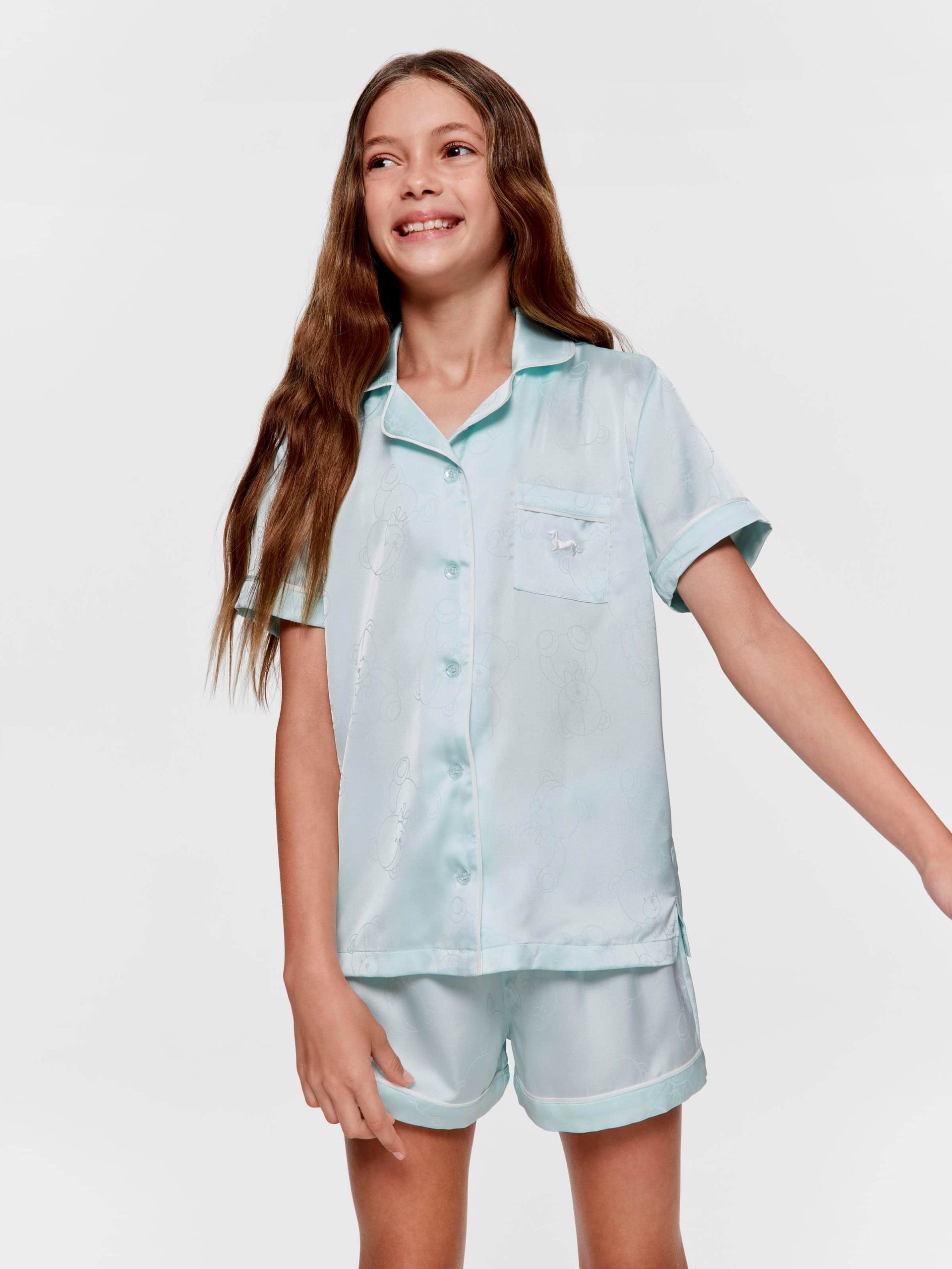 Girls Teddy Bear Satin Classic Shortie Pj Set mint image 3
