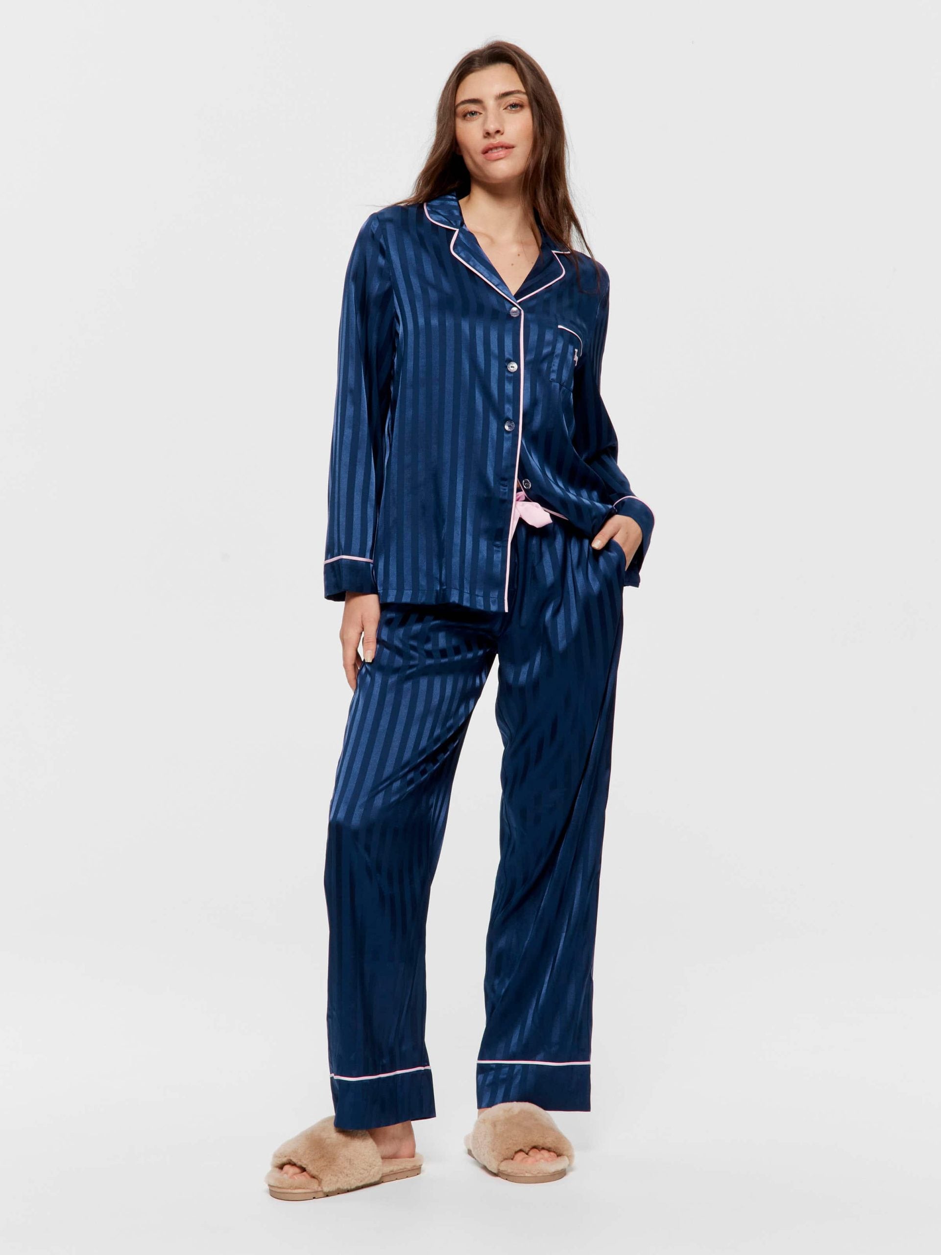 Navy Stripe Chic Satin Long Sleeve Pj Set Navy Stripe image 1