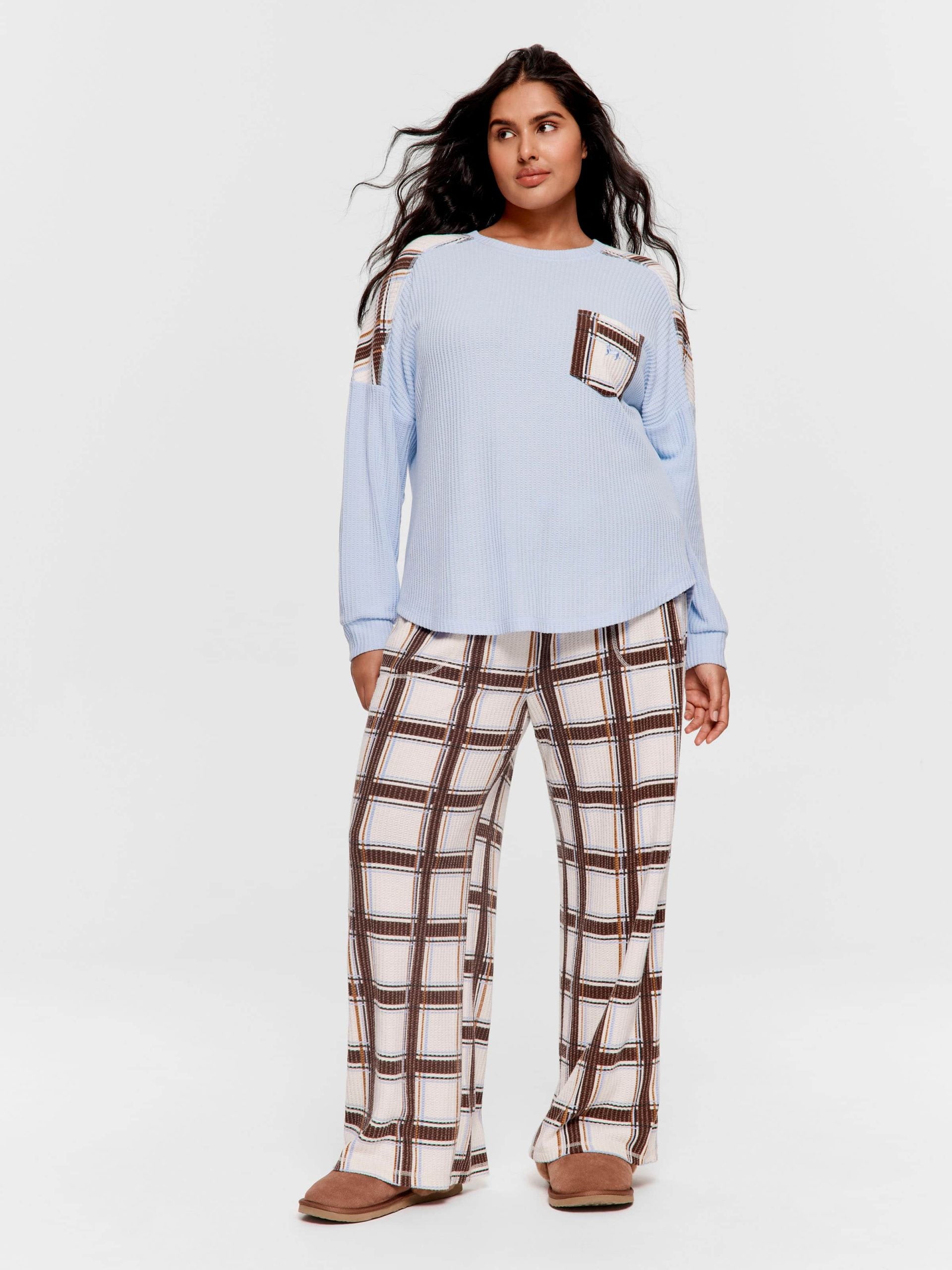 P.A. Plus Brushed Waffle Check Oversized Long Sleeve Top Blue image 0