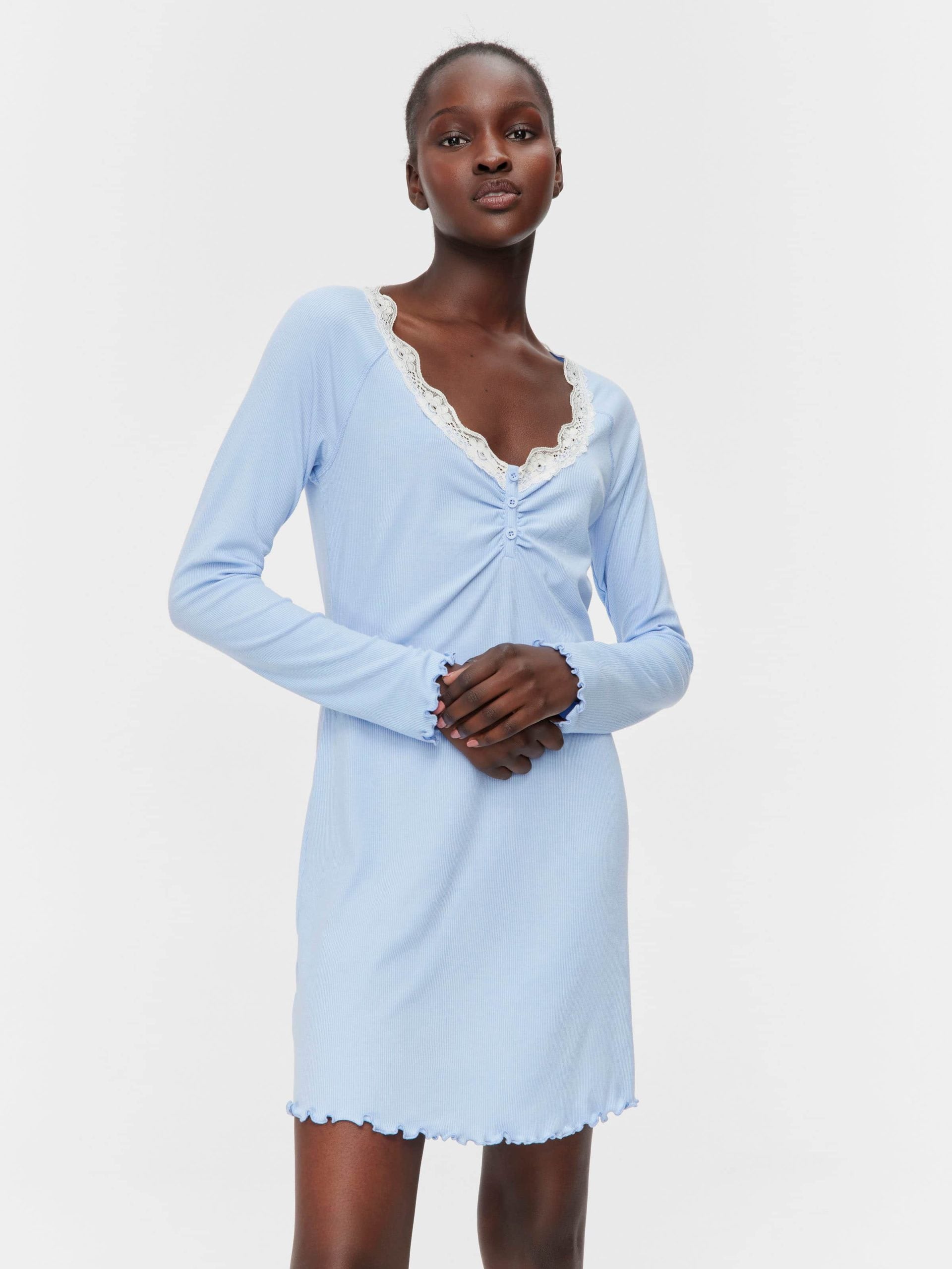 Bamboo Rib Long Sleeve Lace Trim Nightie Blue image 1