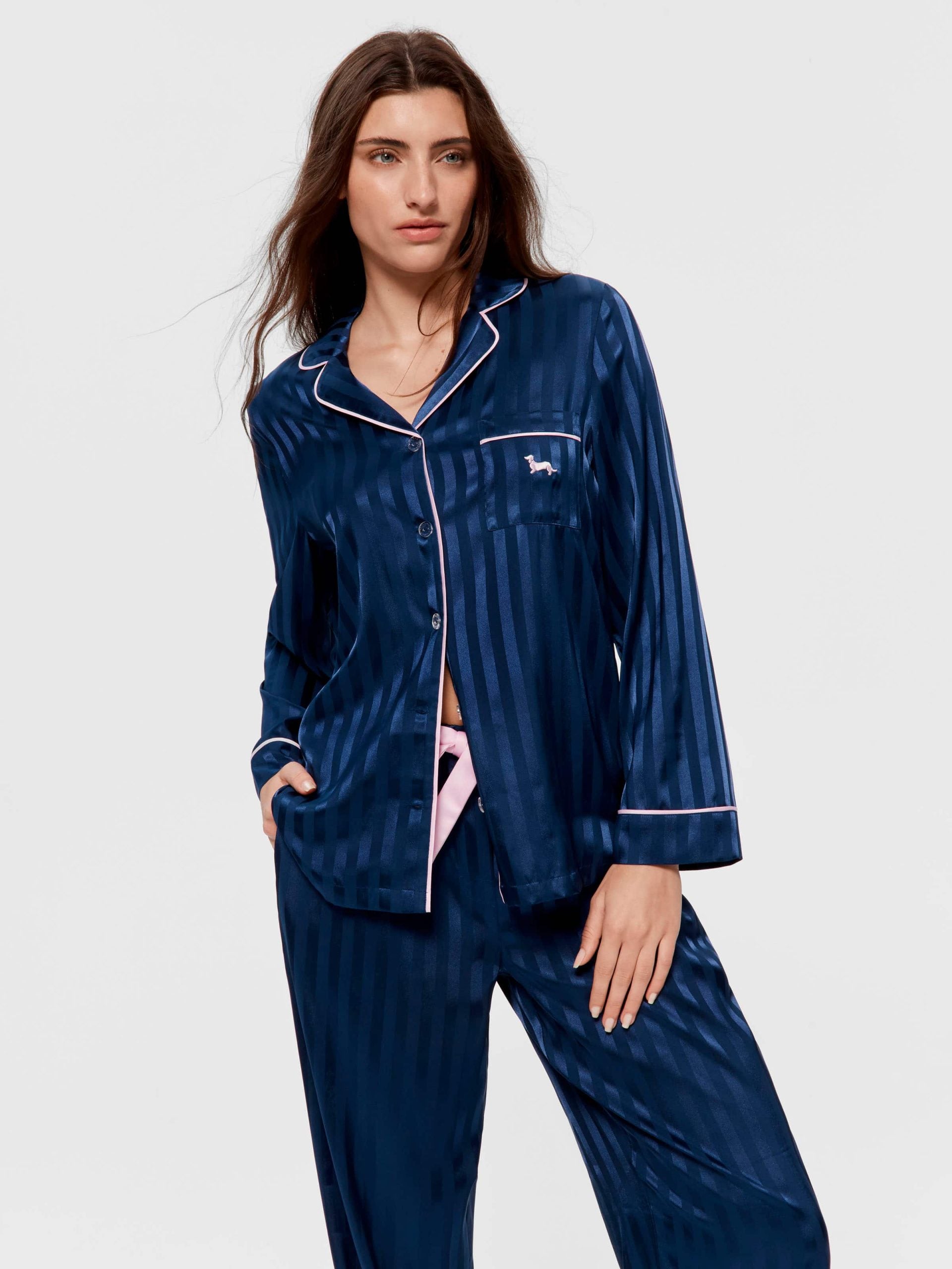 Navy Stripe Chic Satin Long Sleeve Pj Set Navy Stripe image 3