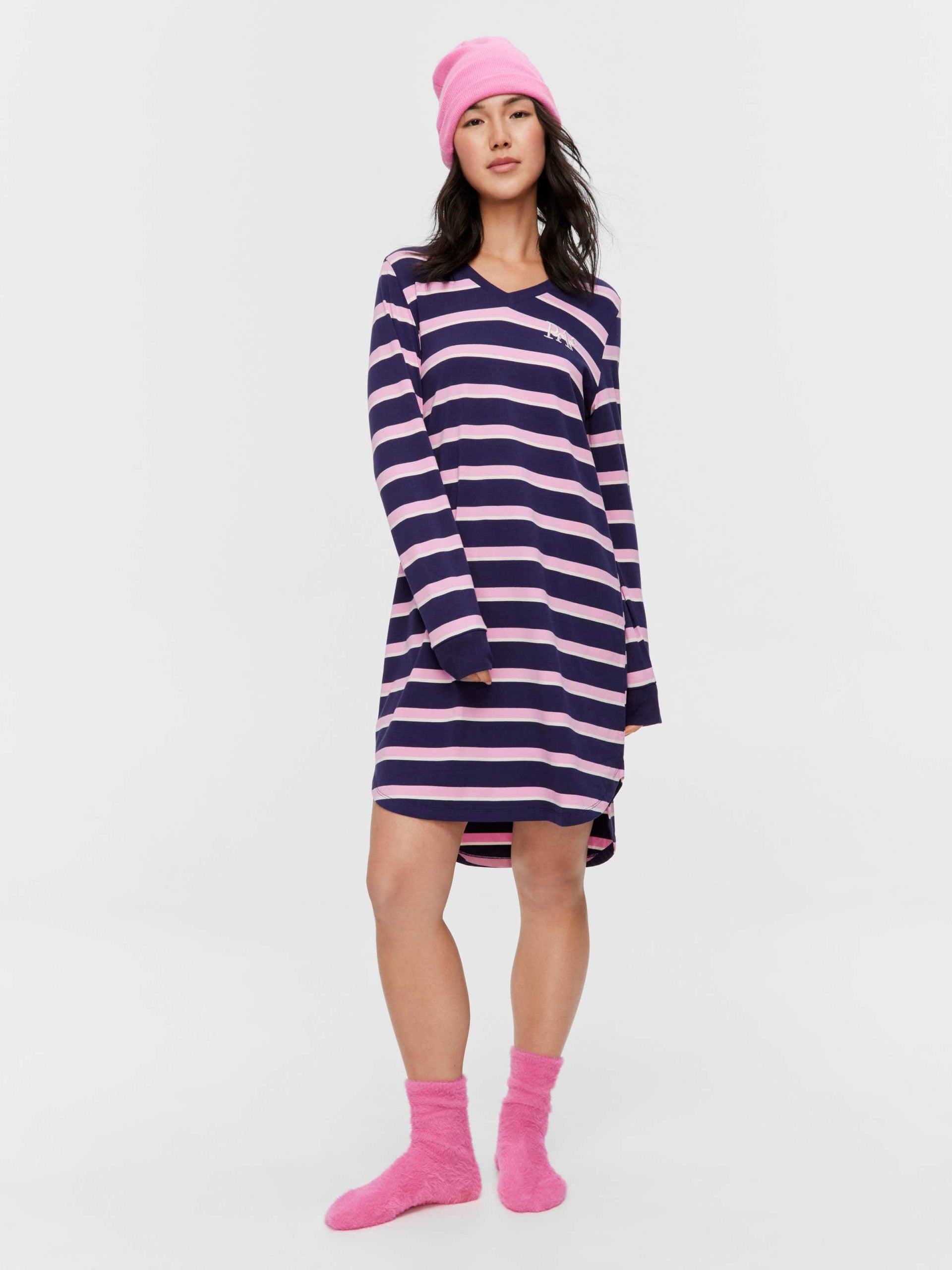 Stripe V Neck Long Sleeve Nightie multi image 1