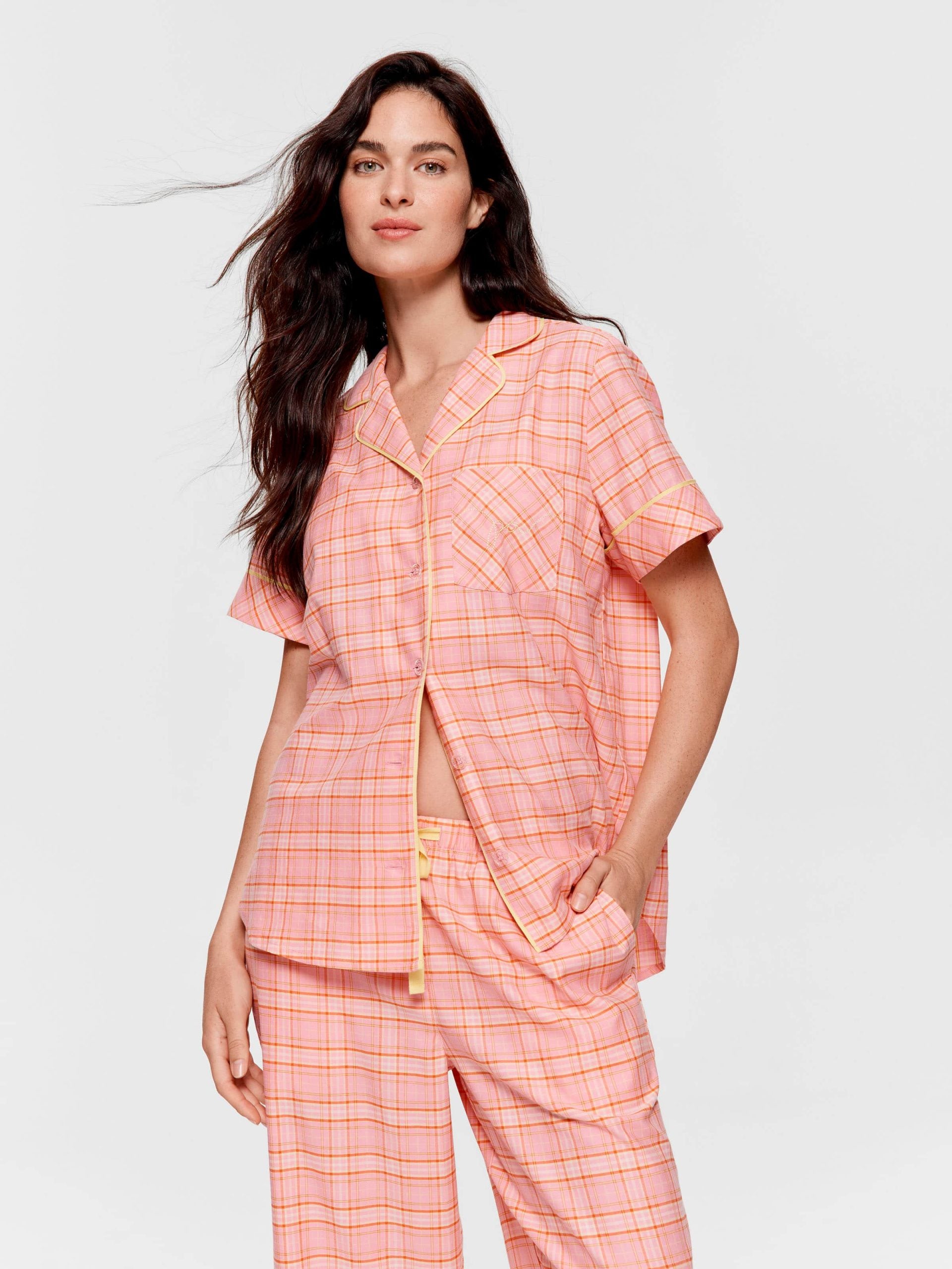 Pink &amp;amp; Yellow Check 100% Cotton 3/4 Pj Set Multi image 0