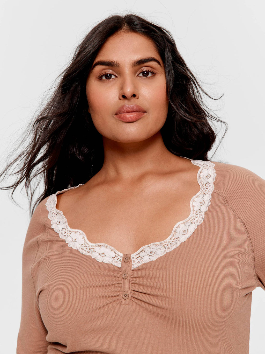 P.A. Plus Brown Lace Trim Bamboo Rib Henley Long Sleeve Top Brown image 2
