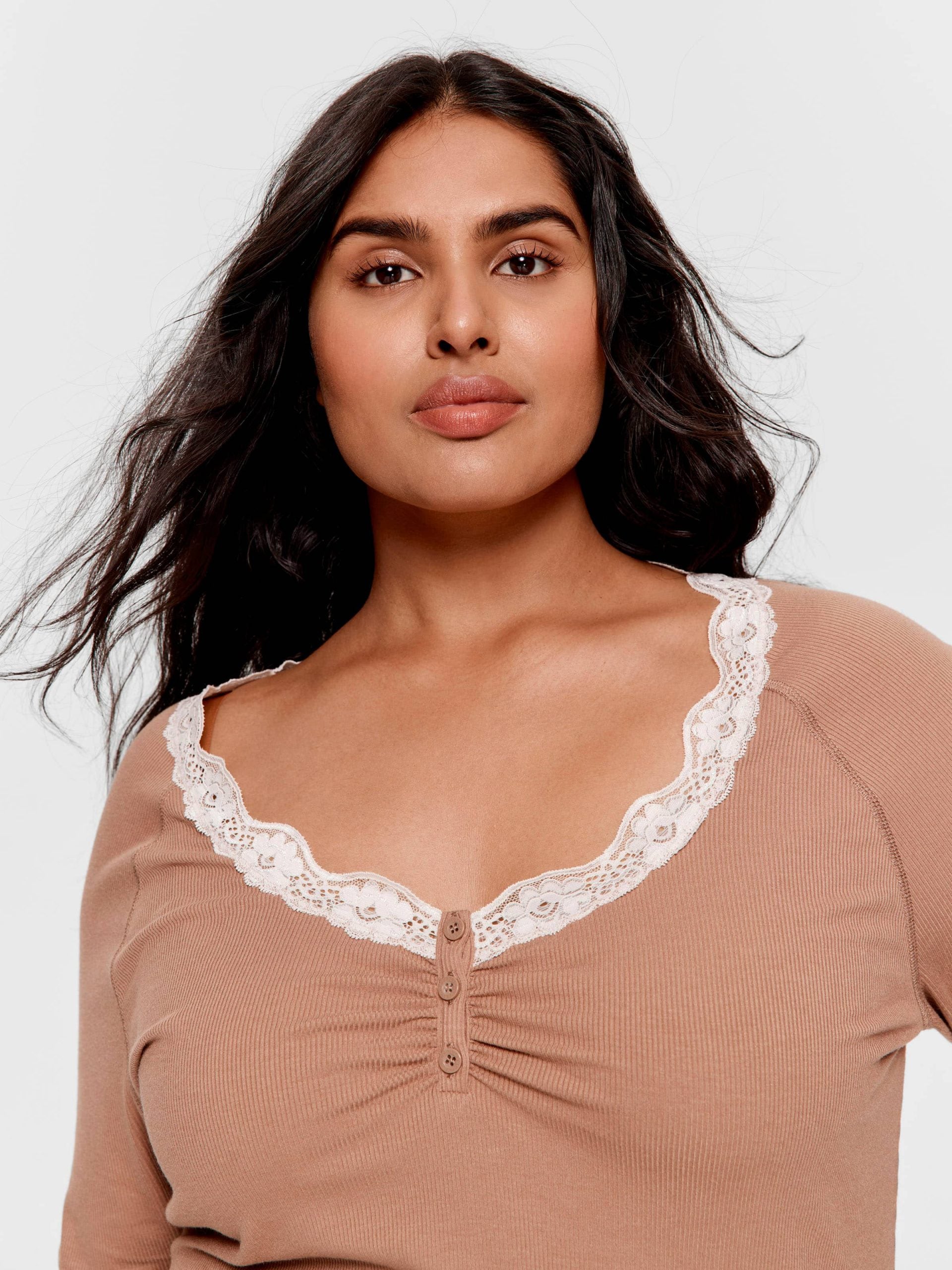P.A. Plus Brown Lace Trim Bamboo Rib Henley Long Sleeve Top Brown image 2